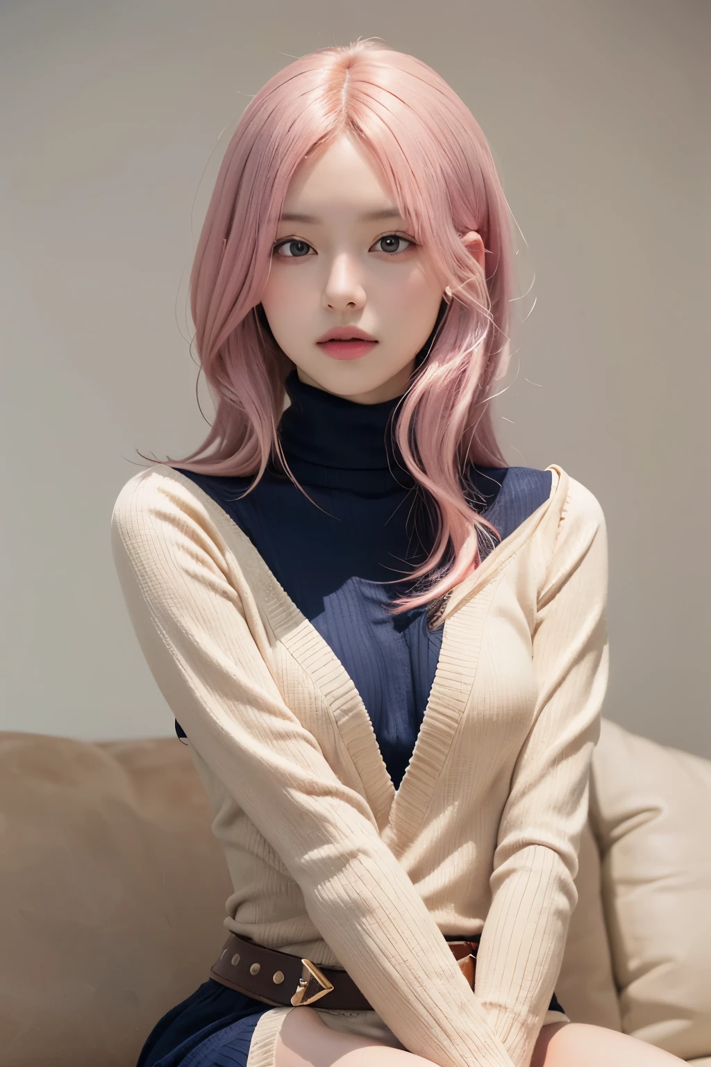  (8K, top-quality, masterpiece:1.2), (reallistic, Photorealsitic:1.37), Super Detail, One girl,), (Highly detailed), (beautifully detailed eyes), (of the highest quality), (super detailed ), (masterpiece), (Detailed face),20yr old, ,1 girl, ((pink hair,long hair)), medium breasts, clothed, Perfect Lighting, BREAK, (tight, horizontal-striped, turtleneck dress:1.3), (navy, cream colors:1.2), (high-quality, soft, wool-cashmere blend:1.2), (waist belt:1.1), (gold metal buckle:1.1), (ribbed cuffs, hem:1.1), (chest cutout:1.2), (navy suede, thigh-high boots:1.3), (gold jewelry:1.2), BRAKE, (upper body tothighs:1.3), (long pink hair), (soft smile), (facing forward), (slight side pose), (blurred, white background), (soft lighting), BRAKE
