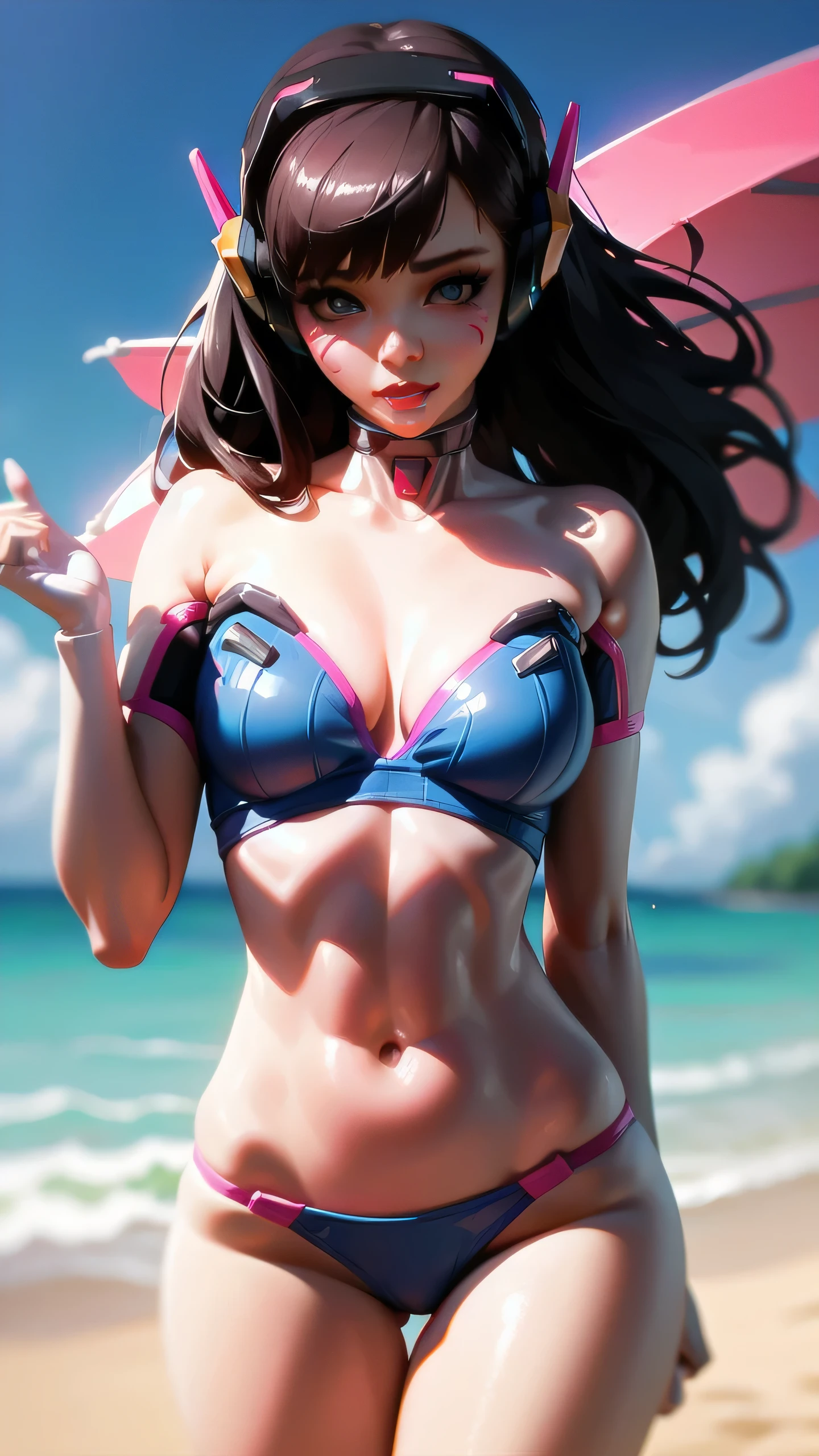 1girl,solo,D.Va,headphones,long hair,brown eyes,choker,glossy lips,pink lips,highres,masterpiece,perfect ligthing,bloom,cinematic lighting,perfect skin,female,narrow waist,skinny,detailled eyes,blue eyes,bikini beach,