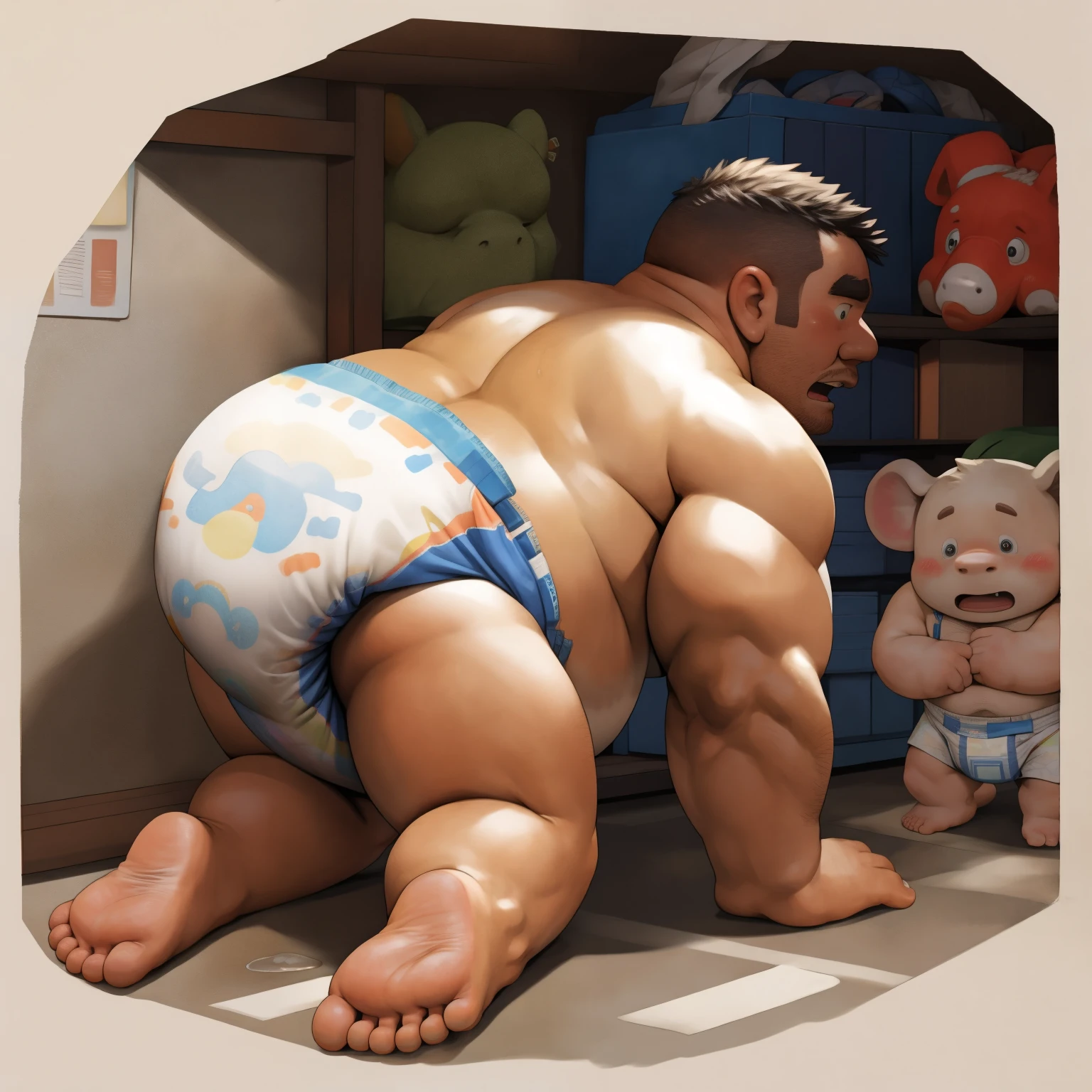 masterpiece, Top quality, in 32K, perfect anatomy, hyper detailed, super fine illustration, The thick man is a brutal prisoner, retarded, hairy human, 50yo in Japan, (fatness: 1.0), Fatty muscle, Bowleg, disappointment, incontinent, be diaper check by children, waddle, There is a small puddle under him, incontinent, Naked, short legs, Bowleg, spread legs, wear a White cloth Diaper, Bare belly, Bare legs, Bare foots, Bare soles, Shirtless, wide forehead and short thinning hair, Man with round face with stubble, Bare foots, Bare soles, shy, sissy, Weaker than children, Drool, Round face, steams, Solo, He enters nursery school and is despised by children, He surrounded by children, His bottom is wet, Bare foots, big butt, he is scolded by the children, White Diaper, He surrounded by children, sobbing, wear a White cloth Diaper, shirtless, There is a small puddle under him, He enters nursery school and is despised by children, big butt, sobbing, He crawling to go to children, on all fours, side view
