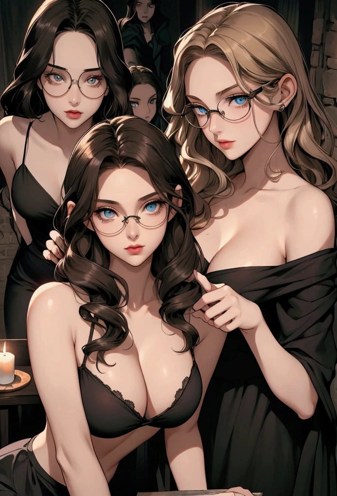 Five young girls in a dimly lit basement, glowing pentagram on the floor, scattered candles, old spell book. Natalia, the Succubus, dark flowing hair, crimson eyes, bat-like wings, alluring and menacing. Jasmine, olive skin, long wavy black hair, brown eyes, confident, medium chest. Beatrice, long brown hair, glasses, massive breasts, anxious, bookworm. Claire, short black hair, blue eyes, athletic, toned body, , tomboy. Madison, straight blonde hair, green eyes, tall model figure, fashionable, smug. Ellie, straight blonde hair, green eyes, tall model figure, excited, eccentric. United yet distinct, tension and revelation.