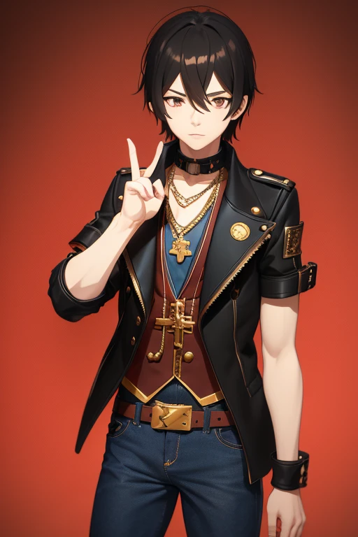V Flower Vocaloid 16 year old boy Black hair Steampunk with brown eyes Open black jacket Red shirt Blue jeans Gold cross necklace slim muscular build looking directly at viewer on a light red background
