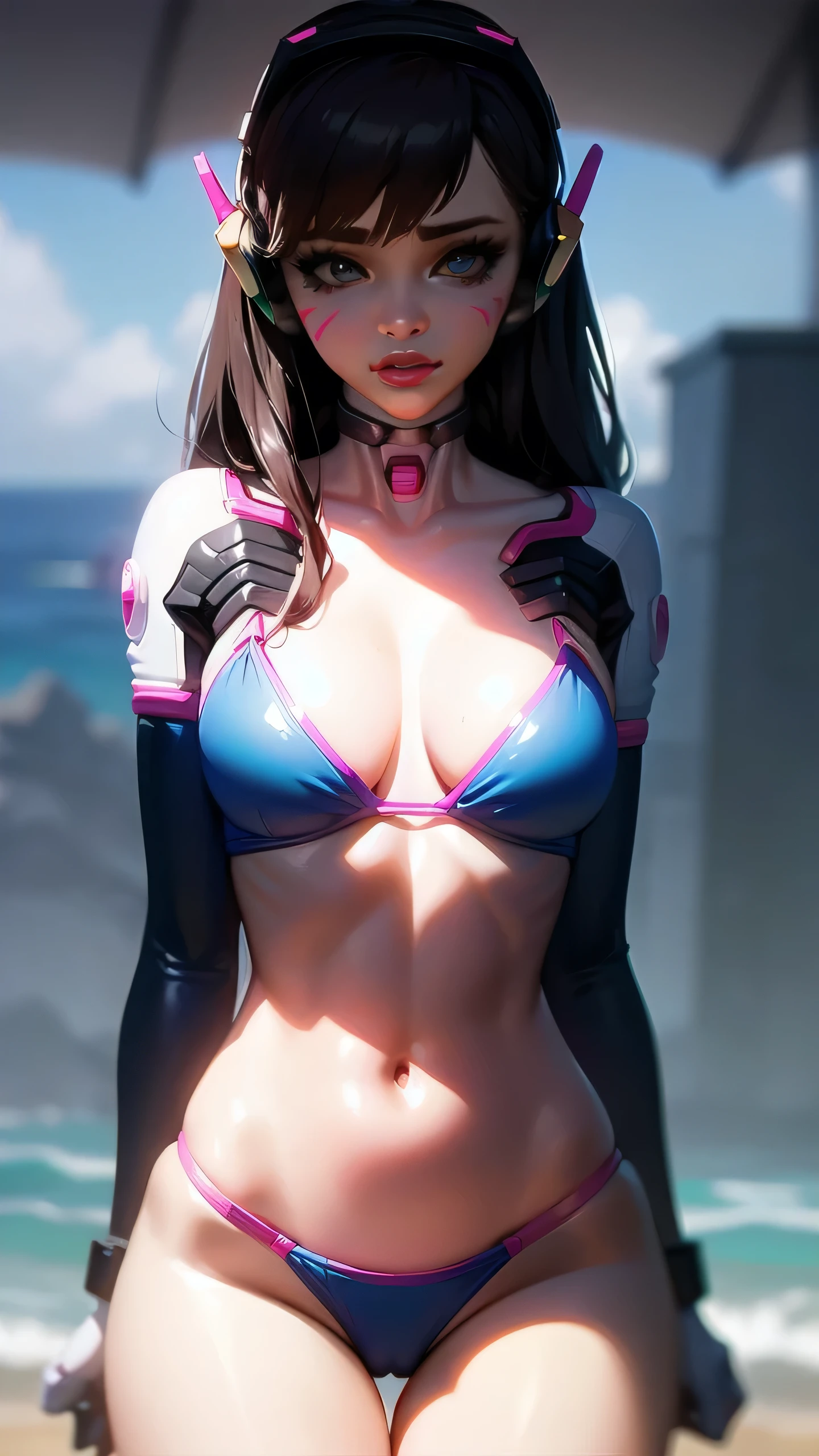 1girl,solo,D.Va,headphones,long hair,brown eyes,choker,glossy lips,pink lips,highres,masterpiece,perfect ligthing,bloom,cinematic lighting,perfect skin,female,narrow waist,skinny,detailled eyes,blue eyes,bikini beach,