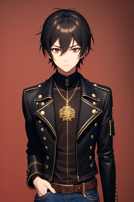 V Flower Vocaloid 16 year old boy Black hair Steampunk with brown eyes Open black jacket Red shirt Blue jeans Gold cross necklace slim muscular build looking directly at viewer on a light red background