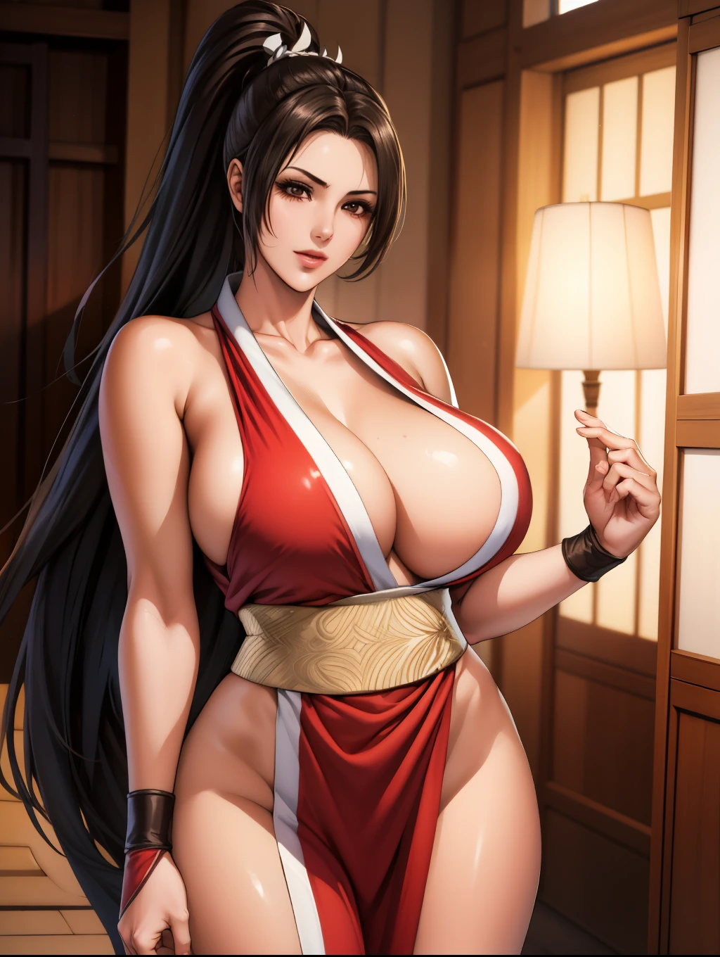 A girl，Solitary，Artistic Lighting，Beautiful Japanese goddess，ponytail，，Exquisite facial features，Huge breasts :1.3，exposed:1.2，Look at the audience，Character-centered，Symmetrical graph，Half Body:1.5，Mai Shiranui， huge breasts，slim