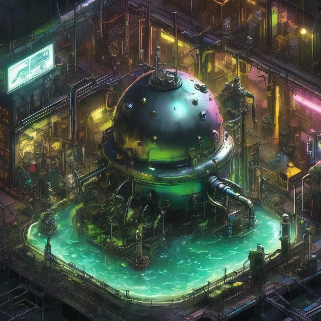 A metal slime、Liquid Metal MONSTER、In a cyberpunk chemical factory