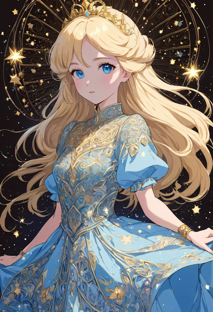 A blonde woman in a detailed intricate light blue dress, blue, gold, pink. Beautiful artwork, 8k retro anime art. Beautiful princess of the stars, blonde with blue eyes, against a plain dark brown background.