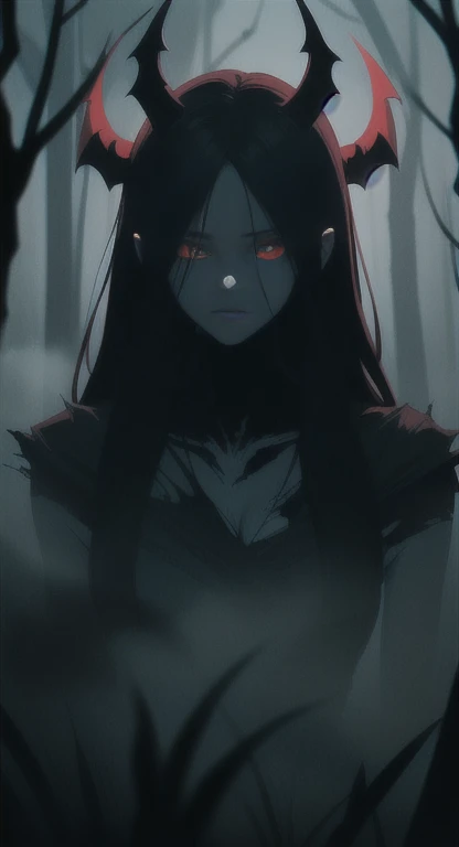 Foggy Forest, ancient female creature, demonic silhouette, devil shadow figure, red eyes, eyes in the fog, rotting, looking dead, torn wings, 