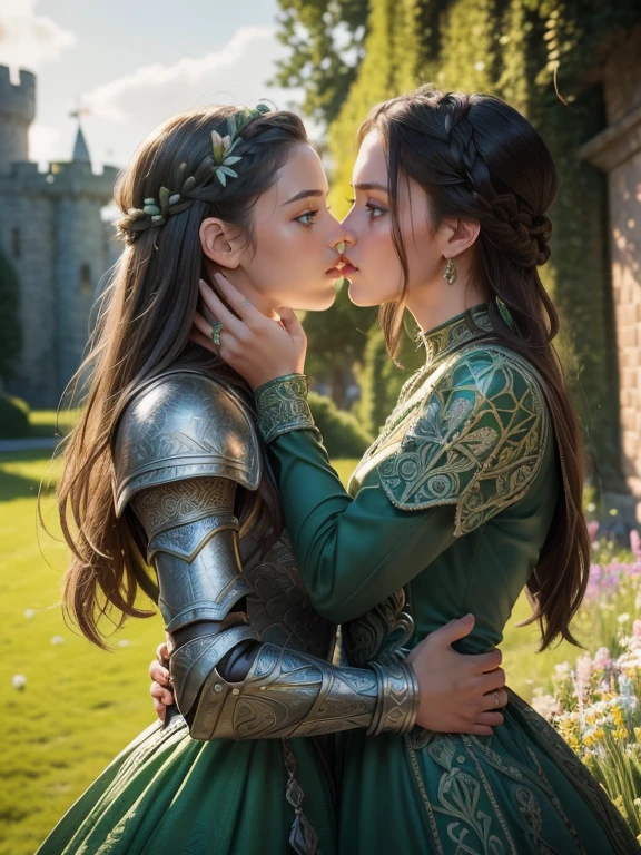 (​masterpiece, best quality),(extremely complicated:1.3), (realisti), (two beautiful and stunning girls are deeply in love with each other, kiss:1.3), 18 year old, Caucasian, green eyes, perfect eyes, perfect iris, perfect students, perfect lips,perfect nose, perfect hands, very detailed hands, perfect fingers, black hair, shorth hair, slick hair, small braid in hair, (Armor dynamically transforms into a dress), (((green dress,))) outside, distant castle, (richly decorated armor), (insanely detailed, bloom:1.5), chainmail, intense sunlight, Professional photo of a stunning woman detailed, keen focus,  Award-winning, cinematic lighting, blurred background, upper body, ((confident)), (Pose:look into the camera)