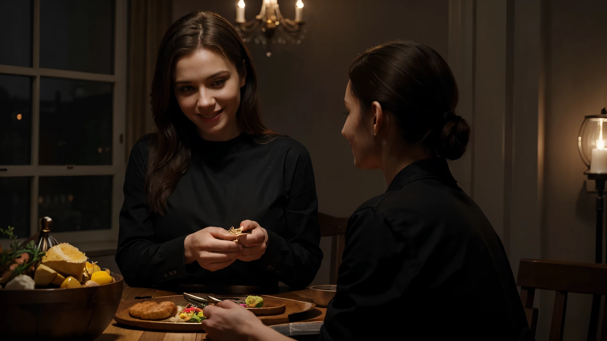 32-year-old Russian woman, jeans and black shirt, happy expression, setting the dinner table, digital painting, ultra-realistic, cinematic lighting, 8k, ultra-realistic,