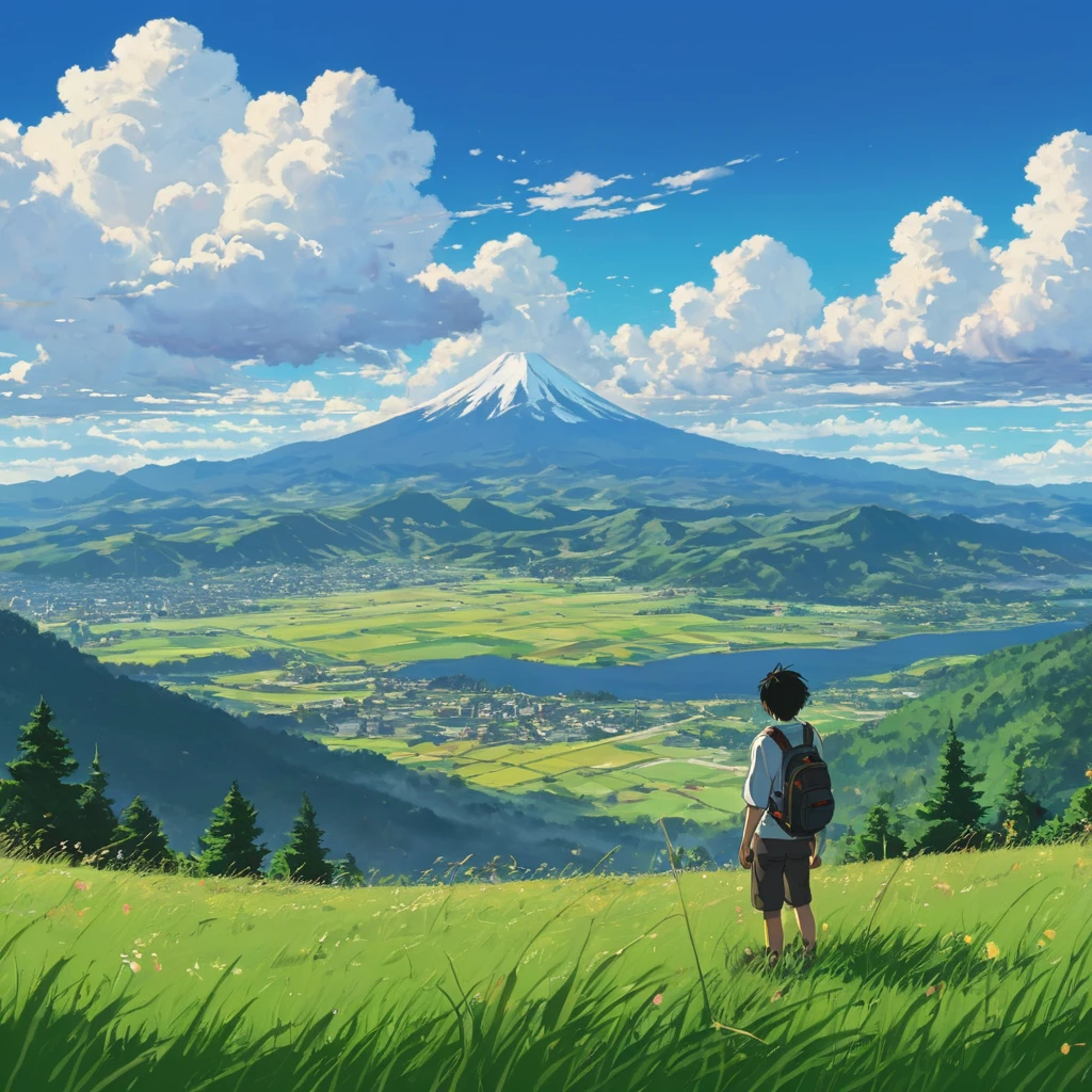 ((Anime: 1.4, Illustration)), (Masterpiece, Top Quality, Best Quality), (Ultra-Detailed, Absolutely Resolution), ((16k, HIGH RES)) (anime guy, looking at clouds, big blue sky, mountain landscape, beautiful field grass, noon, lighting), ( Anime: 1.4, Illustration)), (Masterpiece, Top Quality, Best Quality), (Ultra-Detailed, Absolutely Resolution). Ak {Lofi Art, Style of Laurie Greasley, Style of Makoto Shinkai, Anime Aesthetic}, BREAK {(Produces IMAGES WITH ITH INFORMATION THAN 40 Million Pixels with Cinematic-Like Detailed Textures S Hot on a Sony slur).}