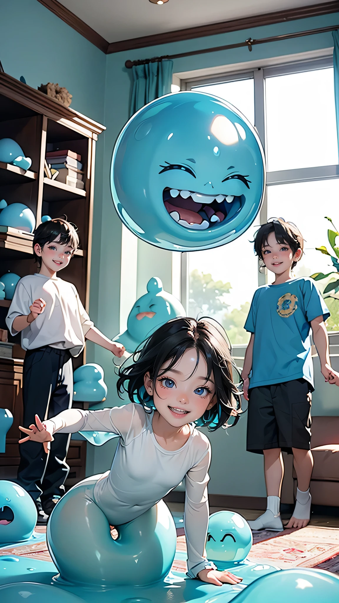 (((A scene of lots of blue, translucent slime having fun with children))), In the background is a bright daytime living room., Warm sunlight pours in through the large windows, and the laughter of children echoes through the colorful carpeted room., (((There are lots of slimes jumping around in the room.:1.5))), (((Depicting the lively movements of slimes and the smiles of children:1.5))), ((2 little boys and 1 little girl))Three small children(3～5 years old)There are, The shelves in the living room are lined with picture books and toys, creating a homely and warm atmosphere throughout the room., 8k,RAW Photos,Highest quality,masterpiece,practical,reality,(Exquisite beauty),nice,The face is rich in detail,(Perfect Teeth),Delicate eyes,double eyelid,eyelash,Lips Detail, (perfect ), (Perfect ratio of fingers to thumb)