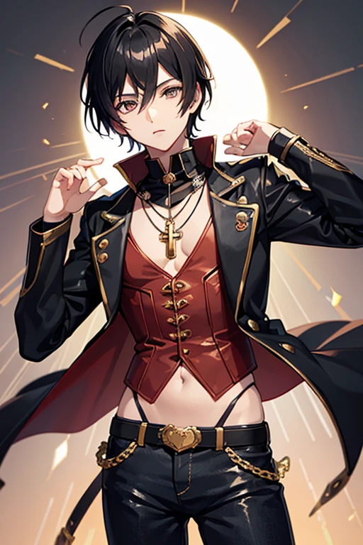 V Flower Vocaloid 16 year old boy Black hair Steampunk with brown eyes Open black jacket Red shirt Blue jeans Gold cross necklace slim muscular build looking directly at viewer on a light red background