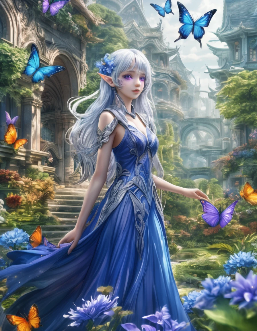 (best impact:1.4), (Maximalism:1.3), (vivid contrast), (Ultra-luxurious light:1.2), (diffuse reflection:1.3), (high speed shutter, motion blur), (HDR, unity 8k wallpaper, extremely detailed CG, ultra highres), BREAK (1girl, solo:1.5), (white silver hair, deep blue dress:1.4), (elf ears:1.4), (violet eyes:1.6), (blue flowers:1.5), (butterflies:1.4), (lush flower garden:1.2), (urban:1.2), BREAK (realistic), super realistic illustration, highres, ultra detailed, absurdres, (Fantastic scenery in richly coloured:1.4), BREAK (very wide:1.3), (panorama view:1.1), (sense of depth:1.5), (long shot:1.3), (magnificent view:1.3), (wind:1.4),