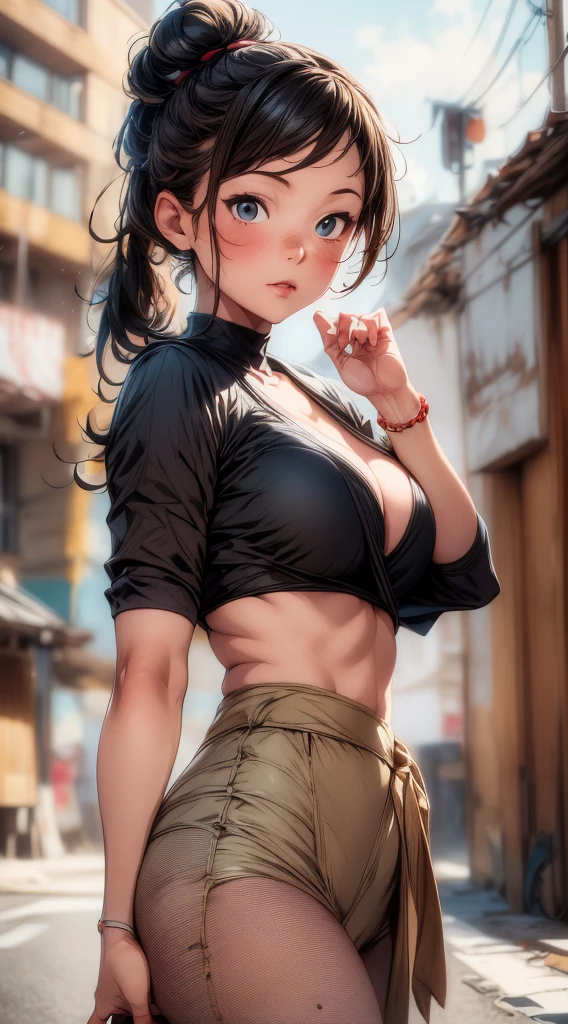 a beautiful woman, hazelnut eyes, tight ponytail, athletic build, skirt, high heels, diamond earrings, gold bracelets, delicate gold necklace, (best quality,4k,8k,highres,masterpiece:1.2),ultra-detailed,(realistic,photorealistic,photo-realistic:1.37),studio lighting,physically-based rendering,extreme detail description,vivid colors,portrait