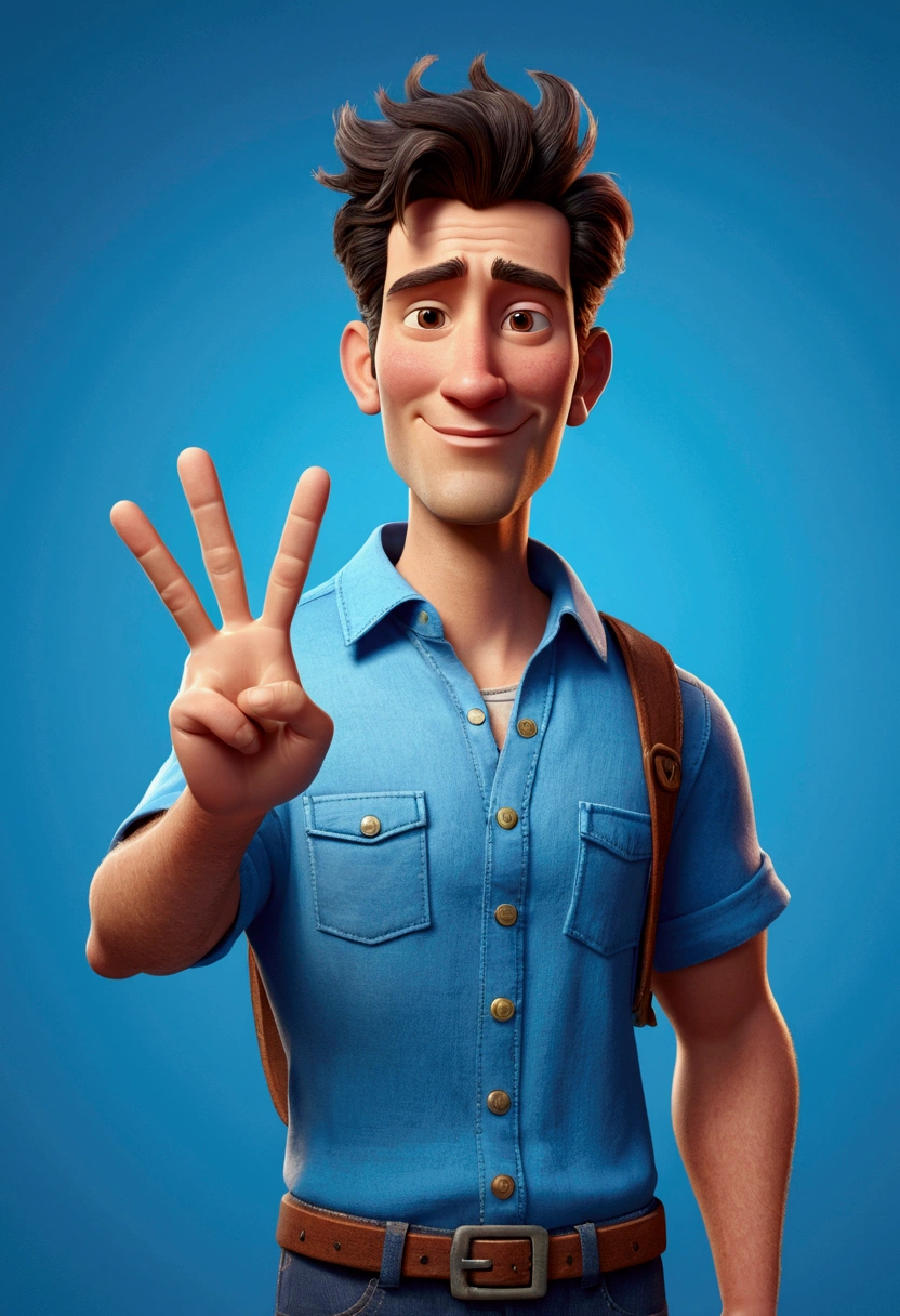3D character inspired by Disney Pixar, a frayed man in a blue shirt making a peace sign with his hands,