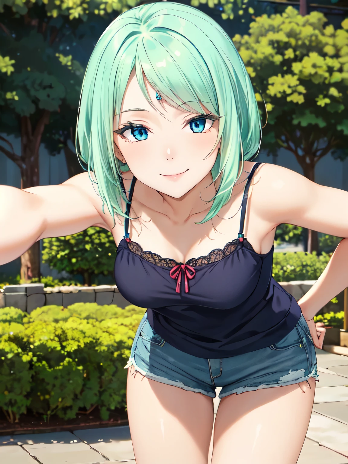 Highest quality、High resolution、whole body、One Girl、mjurran 、 Green Hair、Shortcuts、Beautiful and attractive blue eyes、Highly detailed face、smile、Closed Mouth、smile,garden、Absolute reference to the center、camisole、Shorts、4Ｋ，8Ｋ,(Genuine、Genuine志向、写真Genuine志向:1.5）、High resolution、超High resolution、超High resolutionの絵画、Cowboy Shot、Leaning forward、Beautiful thighs、