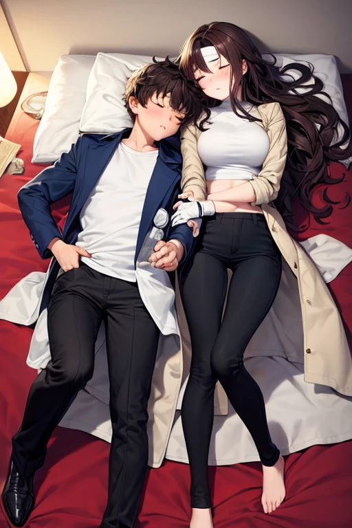 ((best quality)), ((masterpiece)), (detailed), a couple, a boy and a girl, 1 boy, full body, 19 years old, brown hair with white tips, somewhat long hair, bangs, green eyes, sleeping, tall and thin, thin, long beige trench coat, open trench coat, black fingerless gloves, white wristbands, white t-shirt with blue I-shaped emblem, letter I, black pants, 1 girl, full body, 19 years old, young adult, somewhat short, purple eyes, brown hair, somewhat wavy hair, long hair, lock of hair on forehead, asleep, blushing, scientist's coat, blue shirt, black pants, lying in bed, sleeping on boy's shoulder, romantic moment, bedroom background, anime