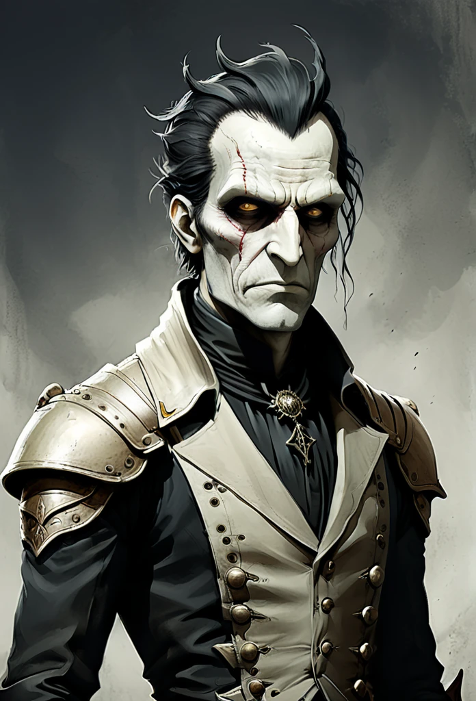 in style of Santiago Caruso, character concept design, half body,Minimalist style design background,