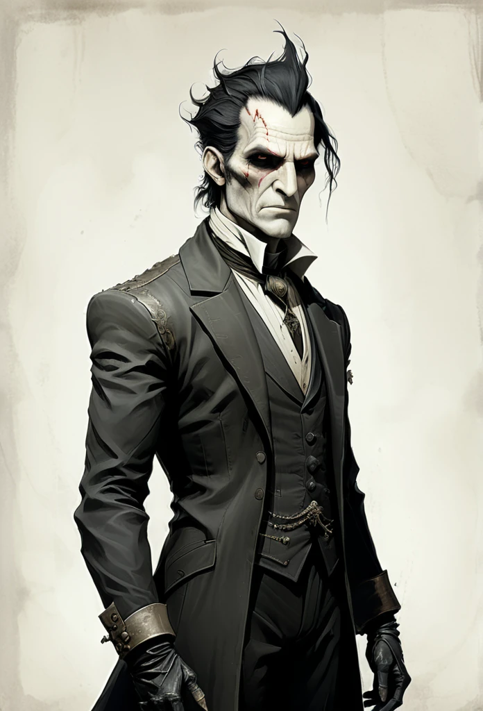 in style of Santiago Caruso, character concept design, half body,Minimalist style design background,