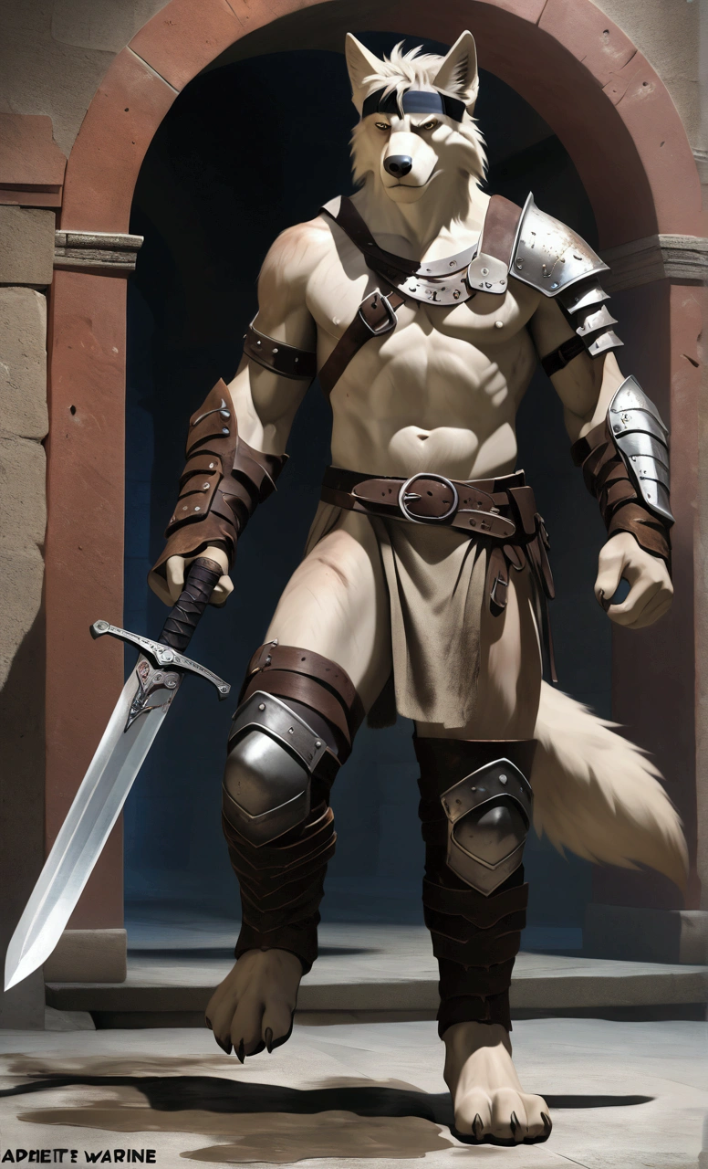 Solo Sexy anthro furry wolf male; ancient Mediterranean desert warrior; slim mesomorph handsome model apperance apperance; boy's messy short hair headband; sexy toned muscules; sword scars; worn out rusty sexy skimpy armament. He has low on hips heavy leather studded heavy belt. he has very old worn out jockstrap (smelly jockstrap fetish); His jockstrap it is made of old white linen material sewn together from a few pieces, it has never been washed, it is dirty and has stains from secretions of dried semen and sweat; His armor is old heavy brown harness with armlets studded with spikes; rusty old skimpy heavy breatsplate armor; he has old brown leather BFR Bands on Biceps and his thighs, he has old worn out fingerless leather gloves. His armor is in ruin, it is very very old and dirty, rusted, dirty, old worn out, rusty heavy skimpy breastplate. Even though he is a handsome and sexy man, he has a sloppy appearance, has disheveled unwashed dirty fur, dirty body look. he smells, he has stains from old blood, dirst, cum, mud, smelly furr, disgusting bastard looking. He stands proudly bravely in the Mediterranean sunny pine forest background; He stands proudly bravely in the Mediterranean sunny pine forest; he stands upright, furious, with his sword raised in a ready-to-fight position, he holds a sword in his right paw, ready for incoming fight; he has a proud, threatening and defiant expression on his face, with little dirty dangerous smile,