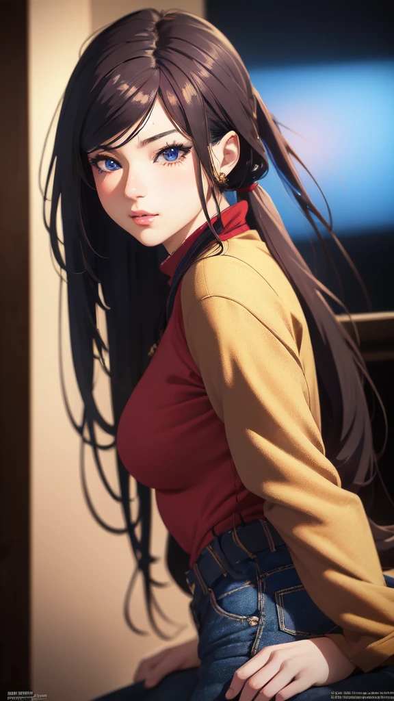 a 24 year old anime girl with long burgundy hair in a ponytail, burgundy eyes, wearing a coat and blue jeans, detailed portrait, photorealistic, ultra-detailed, 8k, (best quality,4k,8k,highres,masterpiece:1.2),ultra-detailed,(realistic,photorealistic,photo-realistic:1.37),extremely detailed eyes and face,longeyelashes,beautiful detailed eyes,beautiful detailed lips,beautiful detailed face,highly detailed anime girl,intricate details,vibrant colors,natural lighting,cinematic lighting,dramatic lighting