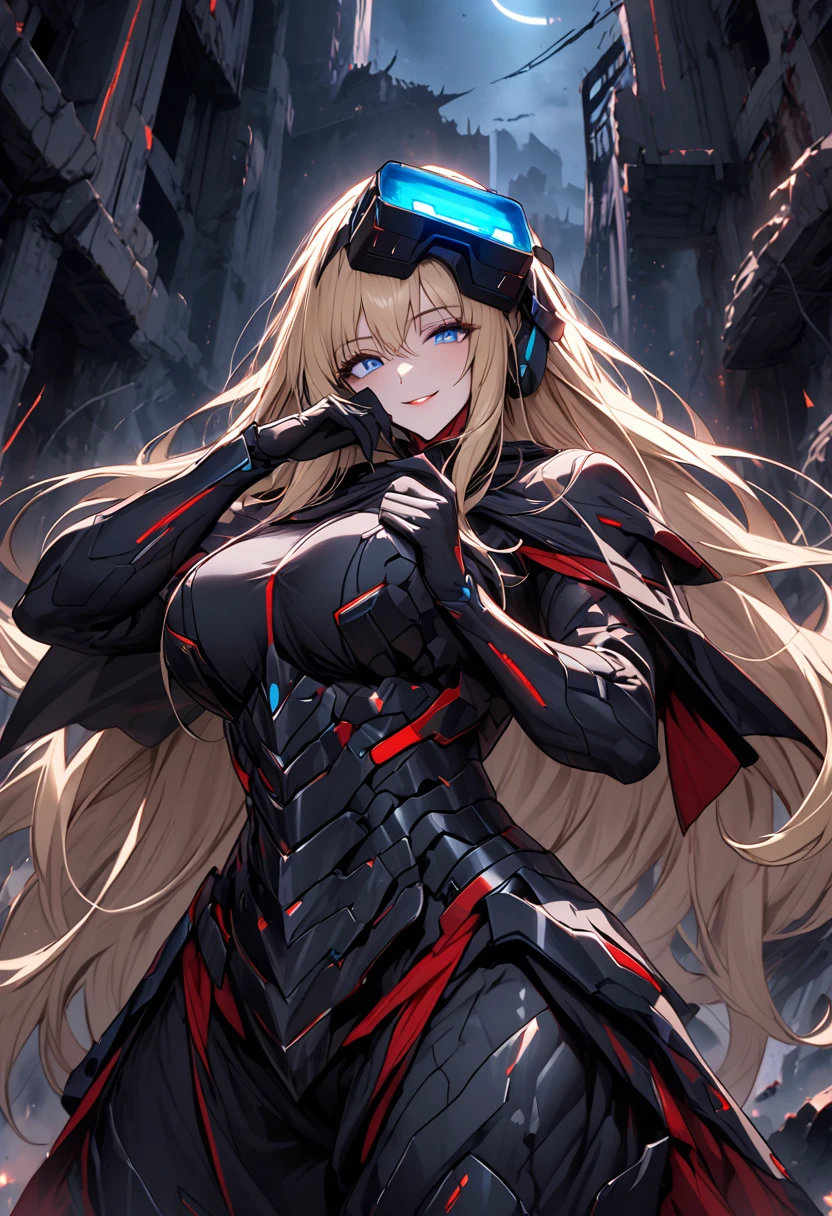 solo, female, huge woman, extremely tall woman, blue eyes, blonde, long hair, black uniform, ((black armor)), black cape, gold trim, red trim, muscular, ruins, smile, one hand on face, yandere pose, baggy breeches, broad shoulders, night, looking at viewer, futuristic, head-mounted display, assault rifle, high-tech camouflage, close up