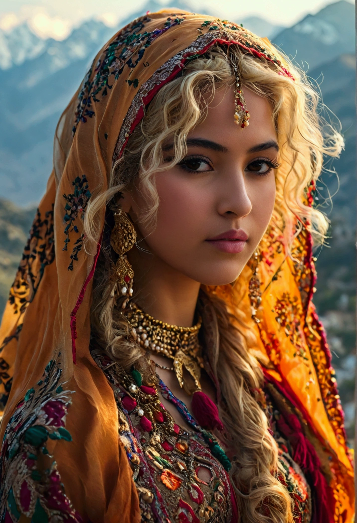 a female, middle eastern, adult, chubby body, frizzy blonde hair, wearing traditional clothes, mountains in the background.