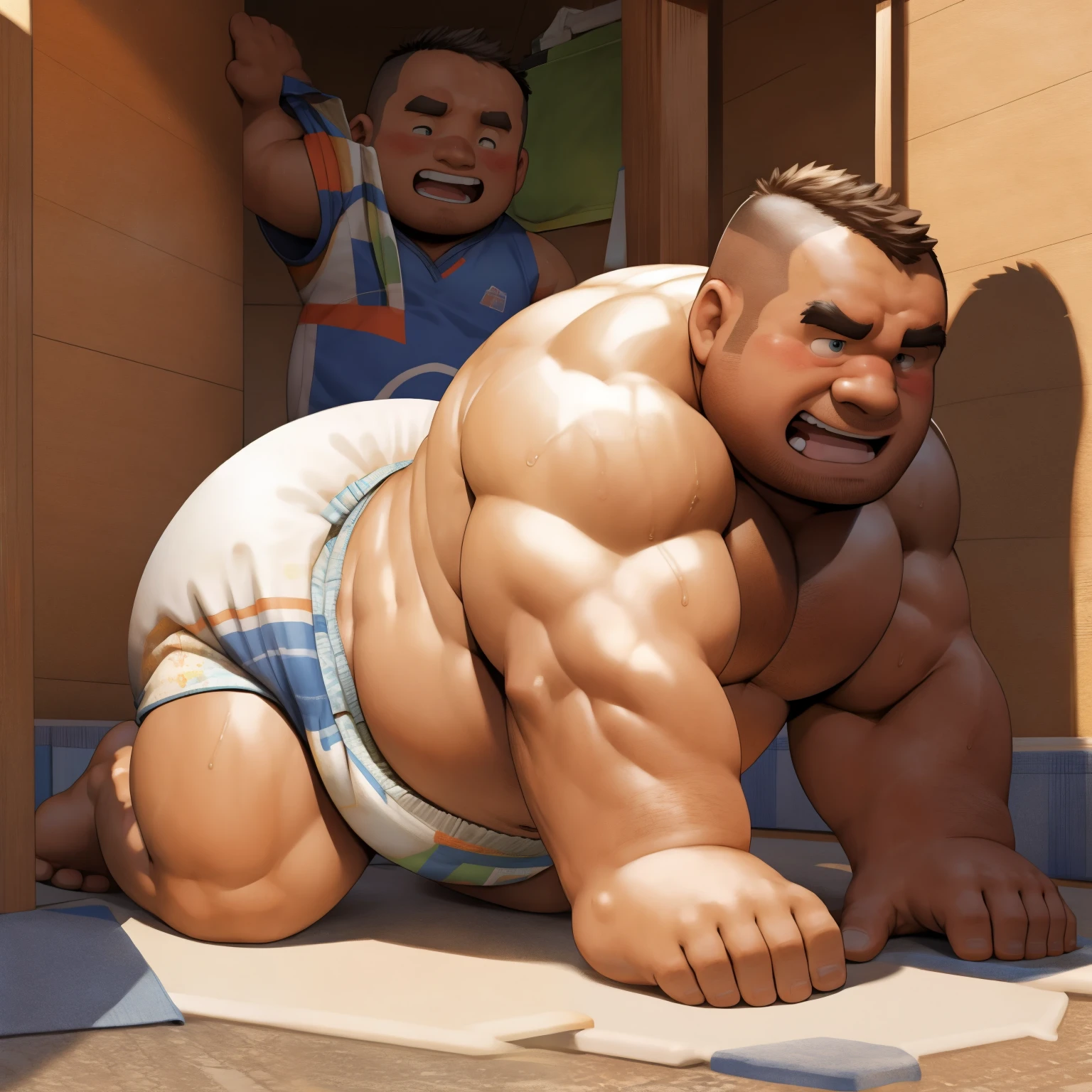 masterpiece, Top quality, in 32K, perfect anatomy, hyper detailed, super fine illustration, The thick man is a brutal prisoner, retarded, hairy human, 50yo in Japan, (fatness: 1.0), Fatty muscle, Bowleg, disappointment, incontinent, be diaper check by children, waddle, There is a small puddle under him, incontinent, Naked, short legs, Bowleg, spread legs, wear a White cloth Diaper, Bare belly, Bare legs, Bare foots, Bare soles, Shirtless, wide forehead and short thinning hair, Man with round face with stubble, Bare foots, Bare soles, shy, sissy, Weaker than children, Drool, Round face, steams, Solo, He enters nursery school and is despised by children, He surrounded by children, His bottom is wet, Bare foots, big butt, he is scolded by the children, White Diaper, He surrounded by children, sobbing, wear a White cloth Diaper, shirtless, There is a small puddle under him, He enters nursery school and is despised by children, big butt, sobbing, He crawling to go to children, on all fours, side view