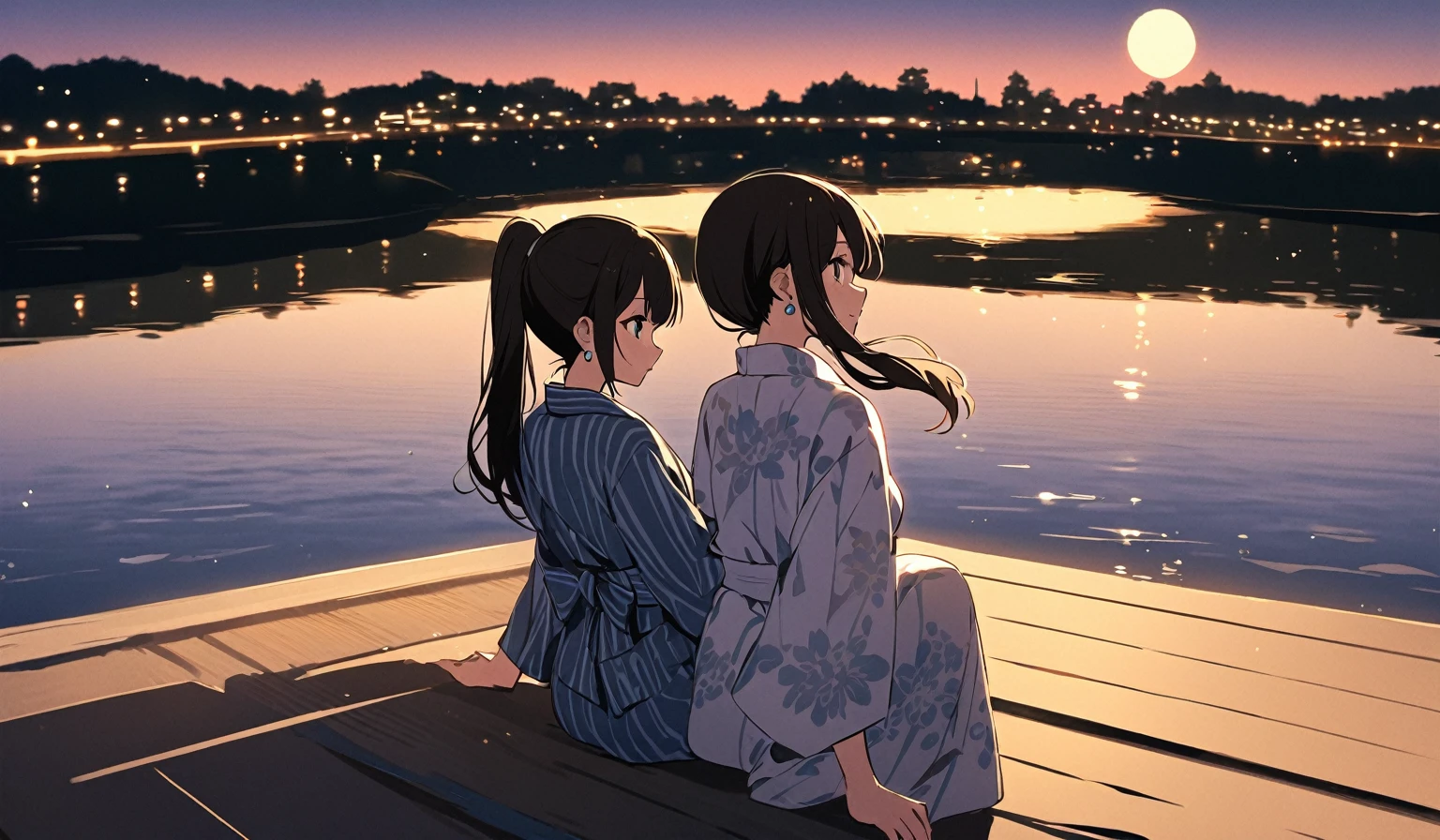 solo、Shibuya Rin in a yukata、(((1 person)))、ponytail、Earrings、Sitting on the river enjoying the evening breeze、moon