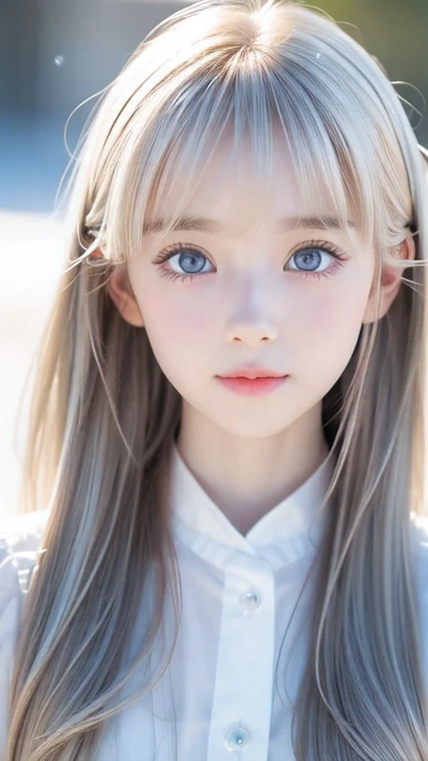 Very beautiful face、Long bangs flowing in front of the face、Beautiful pale light blue eyes hidden by her hair、Very cute beautiful face and very radiant skin、Bangs between the eyes、snow-white beautiful skin、very beautiful pale light blue eyes,、Beautiful very long straight silky pale golden shiny natural platinum blonde hair、Cute 14 year old very beautiful woman、Round face、Such a cute little face、Bright expression、Big eyes and well-defined double eyelids、eyeliner、