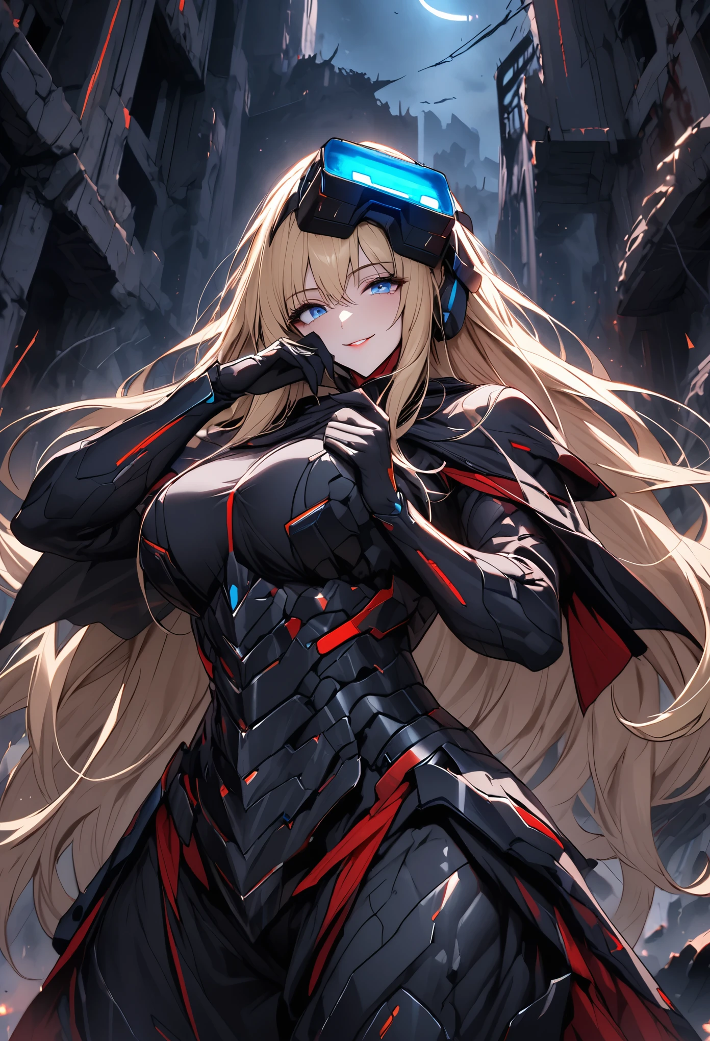 solo, female, huge woman, extremely tall woman, blue eyes, blonde, long hair, black uniform, ((black armor)), black cape, gold trim, red trim, muscular, ruins, smile, one hand on face, yandere pose, baggy breeches, broad shoulders, night, looking at viewer, futuristic, head-mounted display, assault rifle, high-tech camouflage, close up