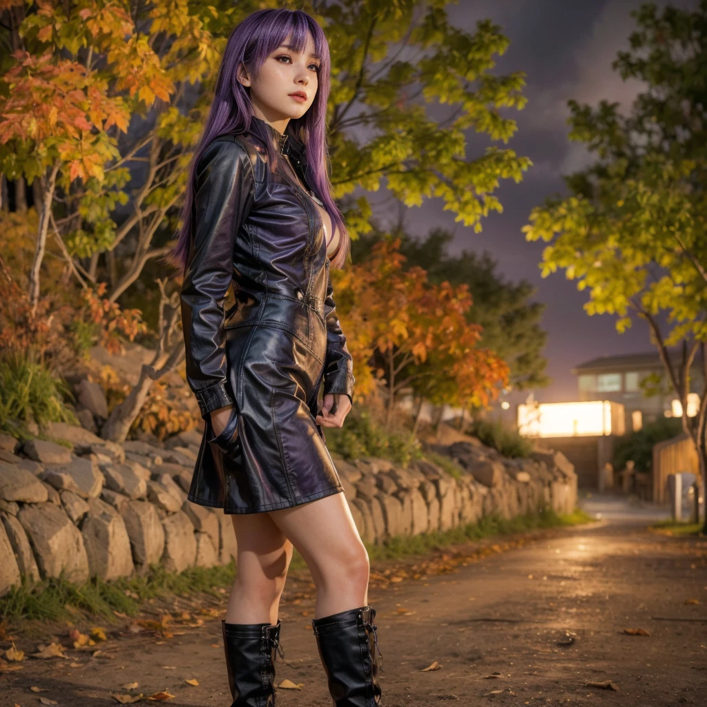 Ayane, Purple hair, (best quality, Ultra-detailed), (realistic:1.37), beautiful and detailed face, ultra-realistic texture, delicate face, delicate body, red lipstick, long-lasting colors. high definition, 8K. with a serious and very expressive expression in the eyes.