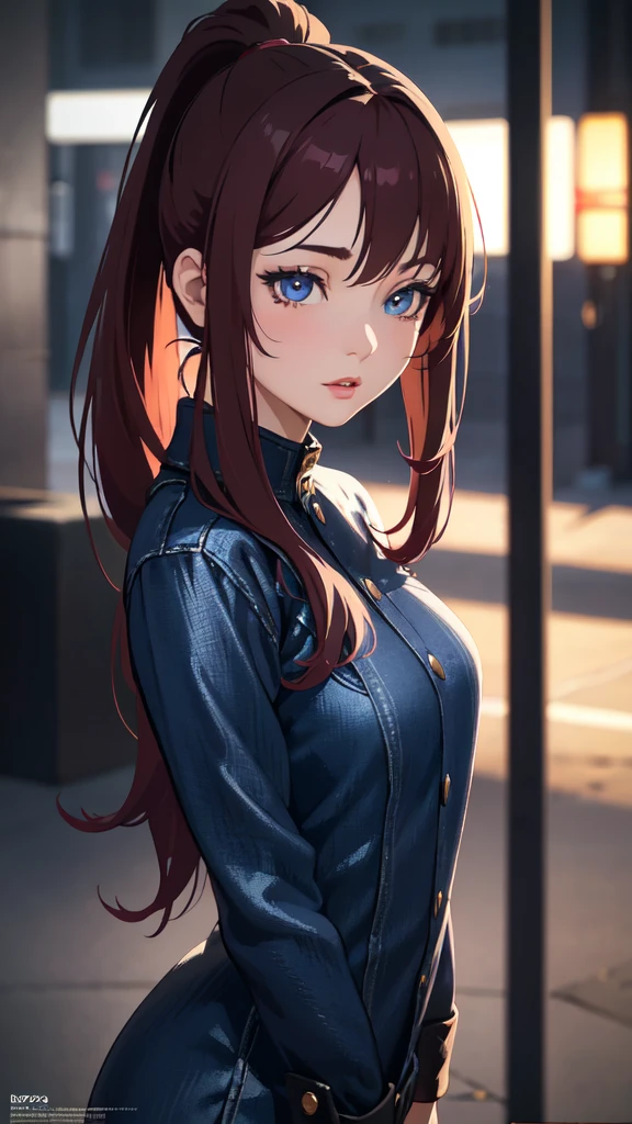 a 24 year old anime girl with long burgundy hair in a ponytail, burgundy eyes, wearing a coat and blue jeans, detailed portrait, photorealistic, ultra-detailed, 8k, (best quality,4k,8k,highres,masterpiece:1.2),ultra-detailed,(realistic,photorealistic,photo-realistic:1.37),extremely detailed eyes and face,longeyelashes,beautiful detailed eyes,beautiful detailed lips,beautiful detailed face,highly detailed anime girl,intricate details,vibrant colors,natural lighting,cinematic lighting,dramatic lighting