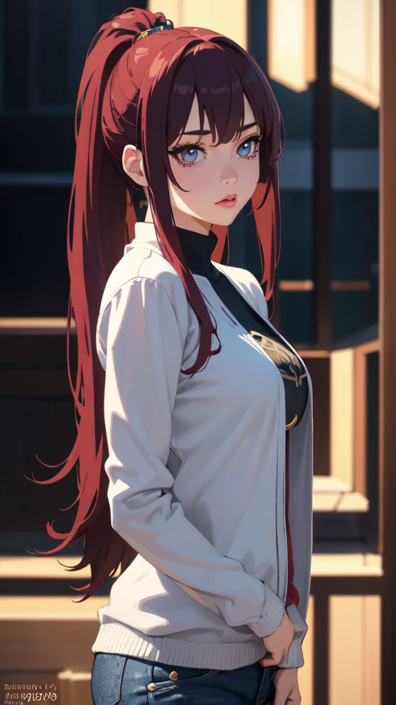 a 24 year old anime girl with long burgundy hair in a ponytail, burgundy eyes, wearing a coat and blue jeans, detailed portrait, photorealistic, ultra-detailed, 8k, (best quality,4k,8k,highres,masterpiece:1.2),ultra-detailed,(realistic,photorealistic,photo-realistic:1.37),extremely detailed eyes and face,longeyelashes,beautiful detailed eyes,beautiful detailed lips,beautiful detailed face,highly detailed anime girl,intricate details,vibrant colors,natural lighting,cinematic lighting,dramatic lighting