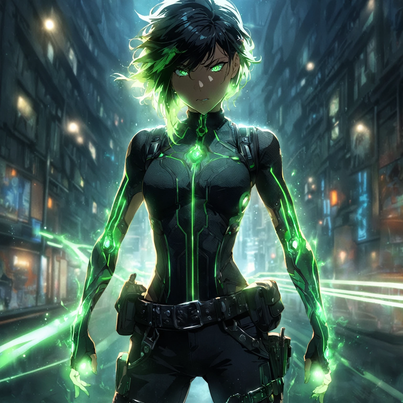 a girl with Slim, athletic build,Short, edgy hair with streaks of neon green,Intense, glowing green eyes,Fitted, (:0.9), NSFW, dark top with glowing green circuitry,standing in front of a city,Sleeveless or short-sleeved, showcasing glowing energy patterns on her arms,High-tech harness with energy nodes,Fingerless gloves with energy conduits,Dark, fitted pants with utility pockets,Belt with energy capsules and gadgets,Confident, determined expression,Energetic aura surrounding her hands and body, detailed gorgeous face| anime style| key visual| intricate detail| highly detailed| breathtaking| vibrant| panoramic| cinematic| Carne Griffiths| Conrad Roset| gibbli 8k