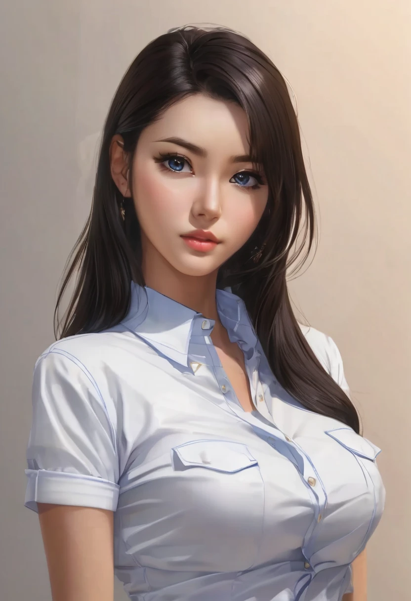 detailed eyes, (full body shot:1.2), 8k, (skinny body:1.2), curvy, (hands behind her back:1.2), seductive pose, (looking at viewer, 8k vector photography, , beautiful eyes, realistic lighting, detailed outfit, realistic facial features, hyper detail, (perfect angle, focus on face hips and breastegane)), (very short dark straight hair:1.3), flat chest, micro blue tight skirt, very tight white shirt, short sleeves, collared shirt, belt, eyelashes, maryarya, kagami hirotaka style 