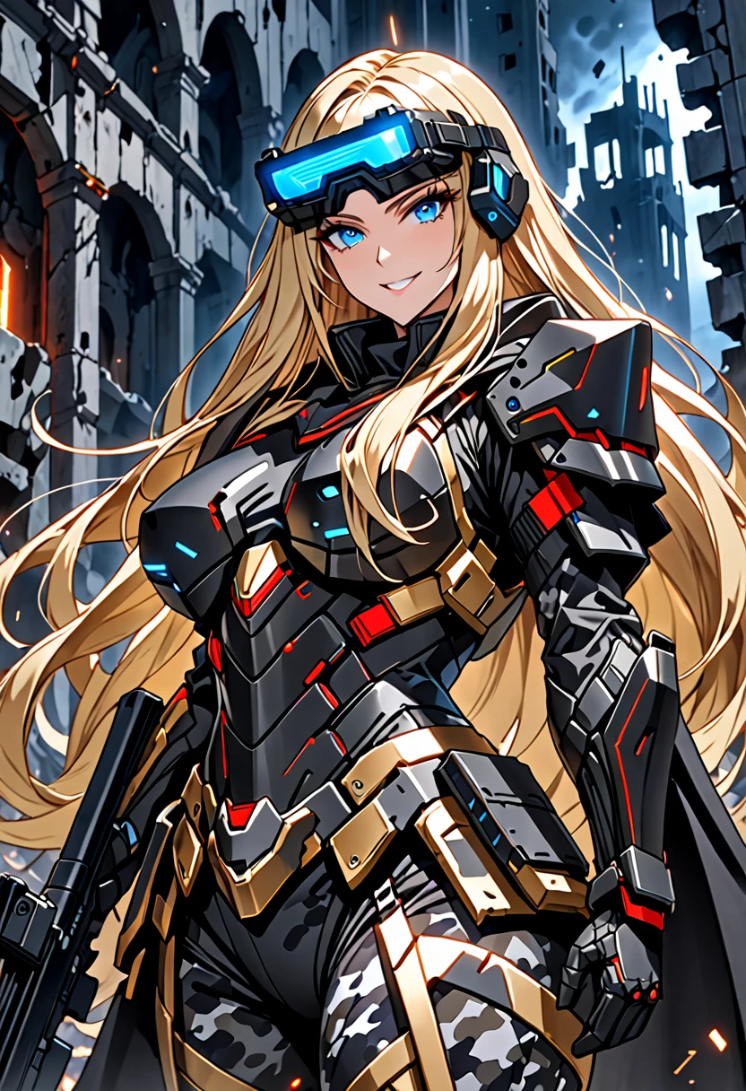 solo, female, huge woman, extremely tall woman, blue eyes, blonde, long hair, black uniform, ((black armor)), black cape, gold trim, red trim, muscular, ruins, smile, baggy breeches, broad shoulders, night, looking at viewer, futuristic, head-mounted display, assault rifle, high-tech camouflage, close up