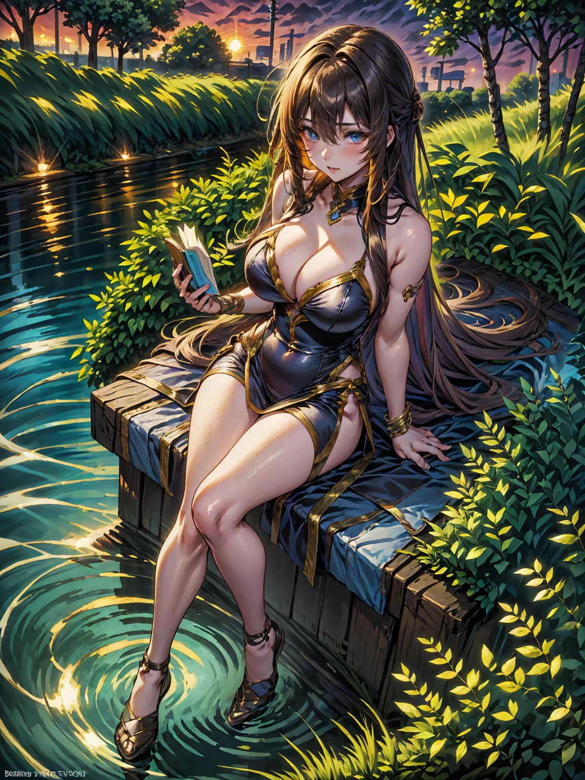 a female character, image seen from above; Rias Gremory is the main female protagonist of High School DxD; Image seen from above, well framed image, she is sitting propped up against a tree enjoying a moment of peace, she is reading a book, showing off a huge cleavage showing off her perfect breasts. Full body image, fair skin, symmetrical face, defined eyes, has a sensual body with a beautiful pair of large breasts, in the background a lake reflecting the landscape, with sunset lighting, with many trees around, green grass, blue sky,