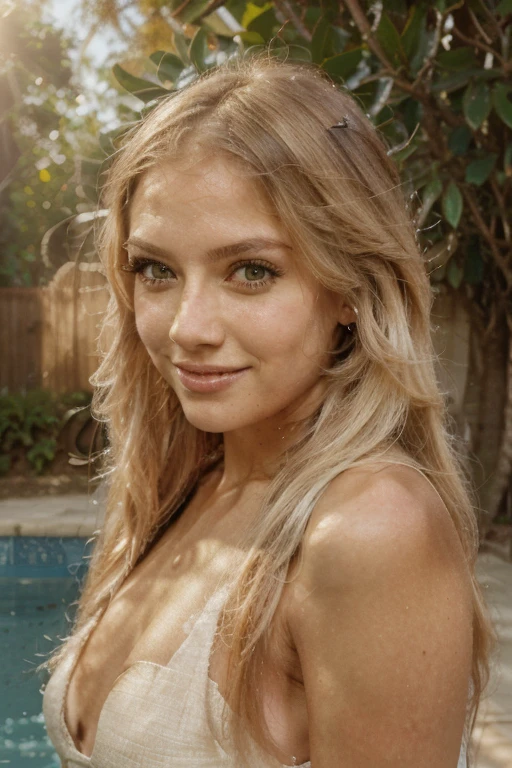 A photorealistic portrait of a 29 year old white Brazilian girl with long flowing yellow hair and dark blue green eyes. it must have a natural, smiling and accessible expression and be lit by the soft golden light of the sun. The background should be an outdoor setting at the beach, perhaps a swimming pool or gym. Capture this image with high-resolution photography using an 85mm lens for a flattering perspective.