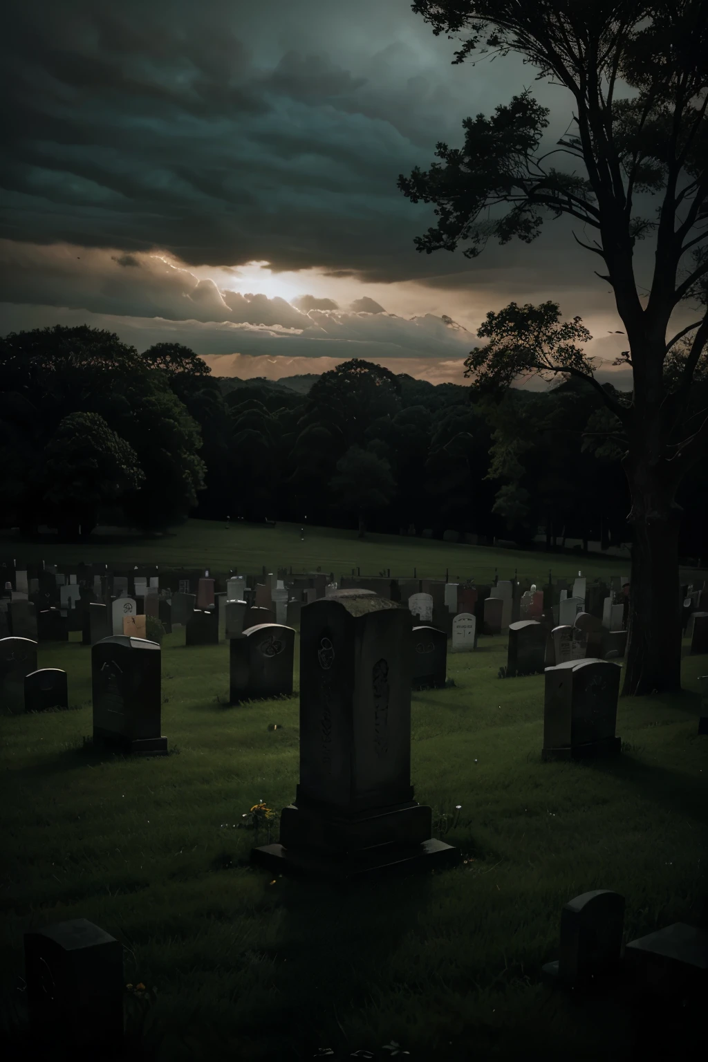 a beautiful detailed earth, a detailed graveyard with gravestones and trees, highly detailed, cinematic lighting, dramatic atmosphere, muted colors, moody, dark fantasy