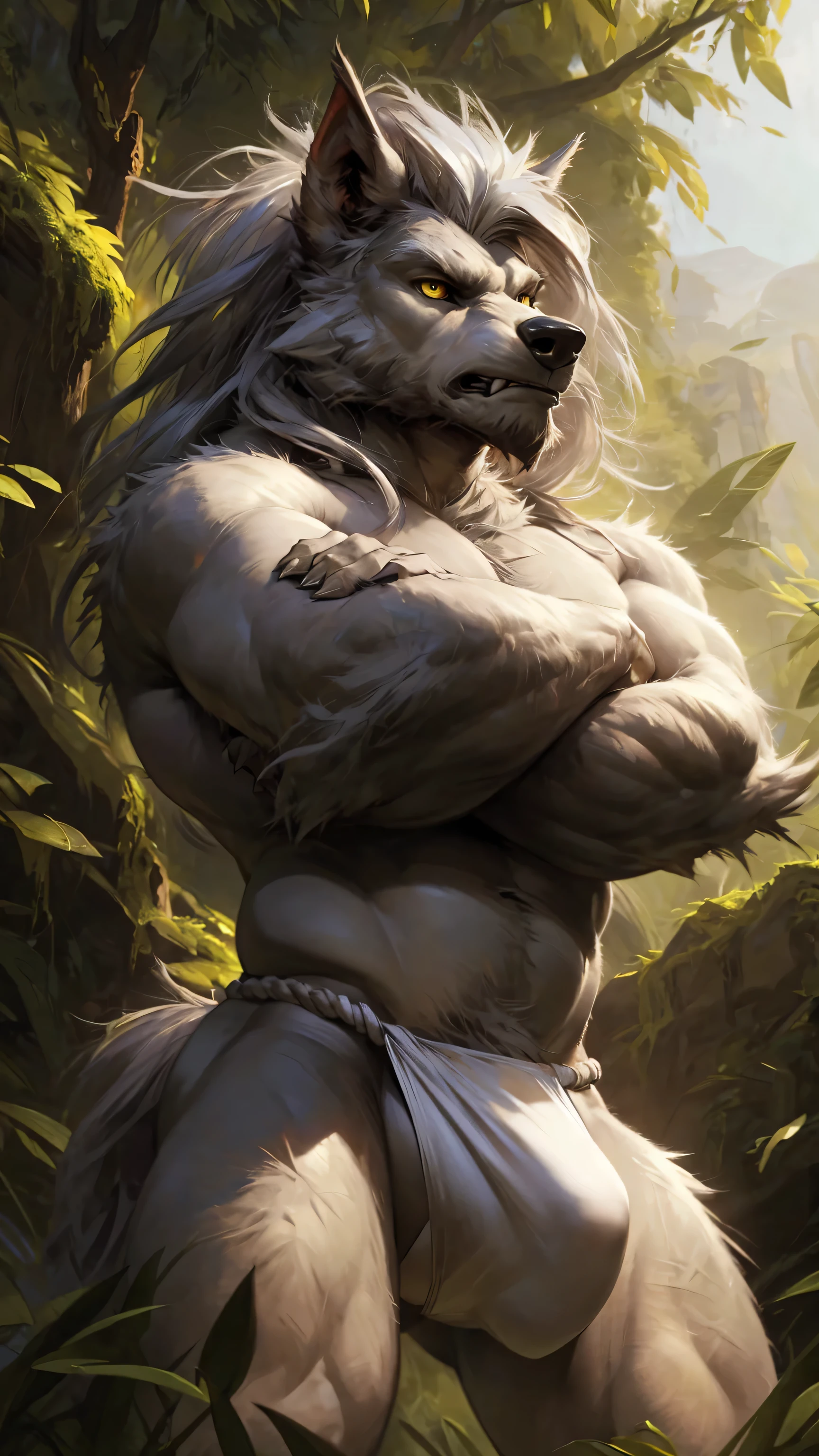 ultra-detailed, masterpiece, masterwork, high quality, best quality, hdr, posted on e621, (by darkgem), (nature), nsfw, male, solo, (little body werewolf), werewolf, (long silver hair, yellow eyes, white body! cross your arms), standing, dynamic angle, (bulge fundoshi,)