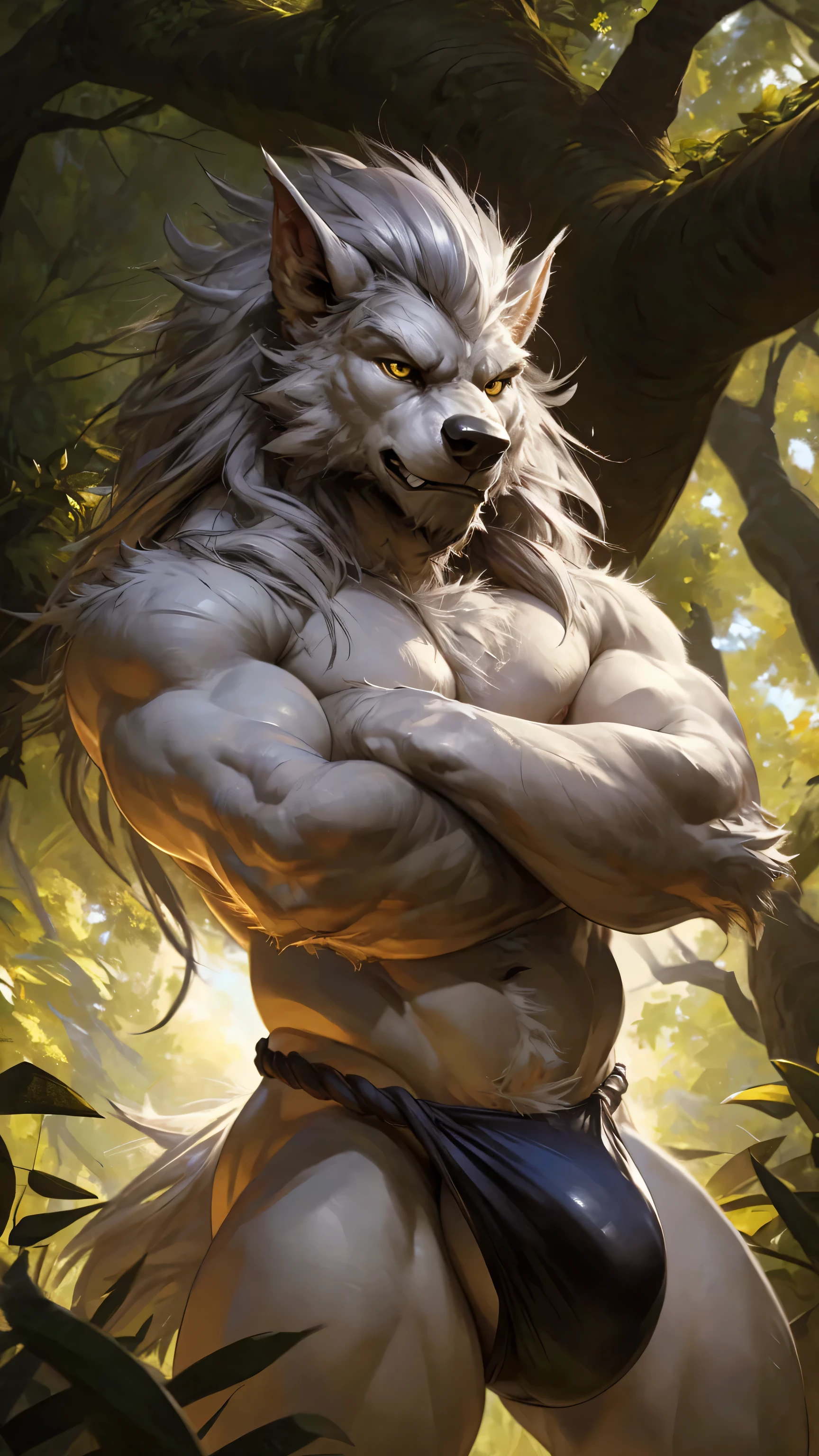 ultra-detailed, masterpiece, masterwork, high quality, best quality, hdr, posted on e621, (by darkgem), (nature), nsfw, male, solo, (little body werewolf), werewolf, (long silver hair, yellow eyes, white body! cross your arms), standing, dynamic angle, (bulge fundoshi,)