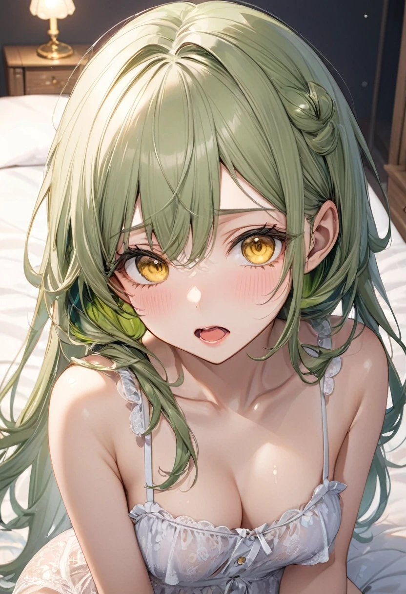 (close up face:1.2, focus face style), (pov, solo:2, 15 yo, beautiful detailed sexy body), (best grow green hair long hair) (sexy girl, beauty detailed moist yellow eyes), (sexy glossy lip, small open mouth, sad face, medium tits), in a simple negligee, sit down on bed, break, in the cute bedroom, BREAK, perfect anatomy, masterpiece, best quality, 16k, beautiful detailed night, daydreaming expression.