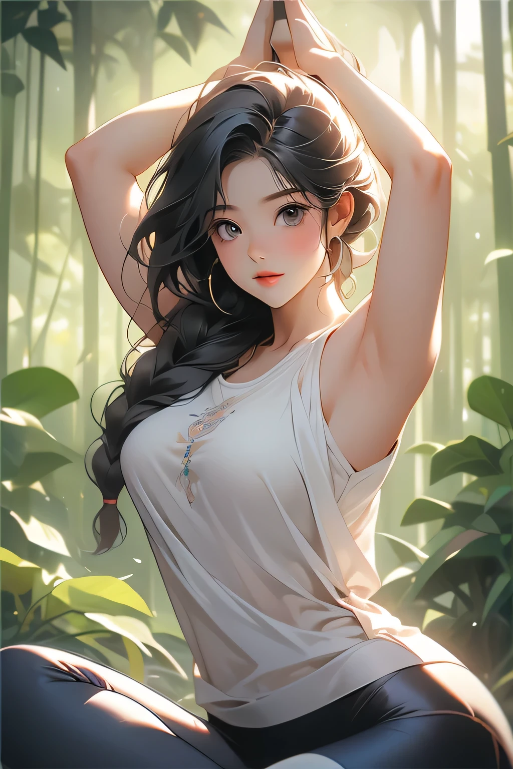 Highest quality、High resolution、Detailed Background、Artistic、mysterious、(Beautiful face in every detail:1.4)、Anatomically correct、(Normal number of fingers:1.2)、Highly detailed face、Detailed eyes、Beautiful women in their 20s、(Huge breasts:1.2)、Perfect body line、Light color hair、Braided bob cut、Braided Ponytail、well-groomed eyebrows、Natural beauty、Calm and elegant look、
(Woman doing yoga in nature:1.5)、
In the lush forest、A field that spreads out on top of a small hill、The blue sky is spreading and a pleasant breeze is blowing.、There is a woman doing yoga in a seated pose.、I am concentrating on my movements while slowly regulating my breathing and stretching my body.、Trees around々Overgrown、I can hear the birds chirping、Being surrounded by nature seems to refresh the mind and body of women.、I occasionally close my eyes and focus on the yoga movements while listening to the sounds of nature around me.、In the silence, you can feel yourself deepening your dialogue with yourself and maintaining a balanced state of mind and body.、The image of a woman enjoying a relaxing yoga session in a comfortable environment surrounded by nature emerges.、cute
