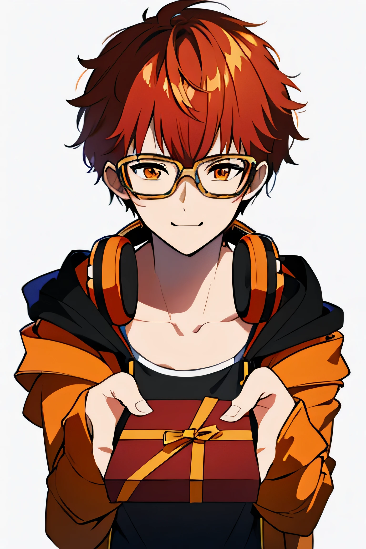 Alone, looking at the viewer, short hair, simple background, shirt, 1 chico, White background, clavicle, jacket, Upper part of the body, male focus, Red hair, Chapped lips, open clothing, Glasses, hood, black jacket, orange eyes, shine, hoodie, headphones, hood down, red shirt, hooded jacket, headphones around neck, incoming gift, Birthday, happy,smile