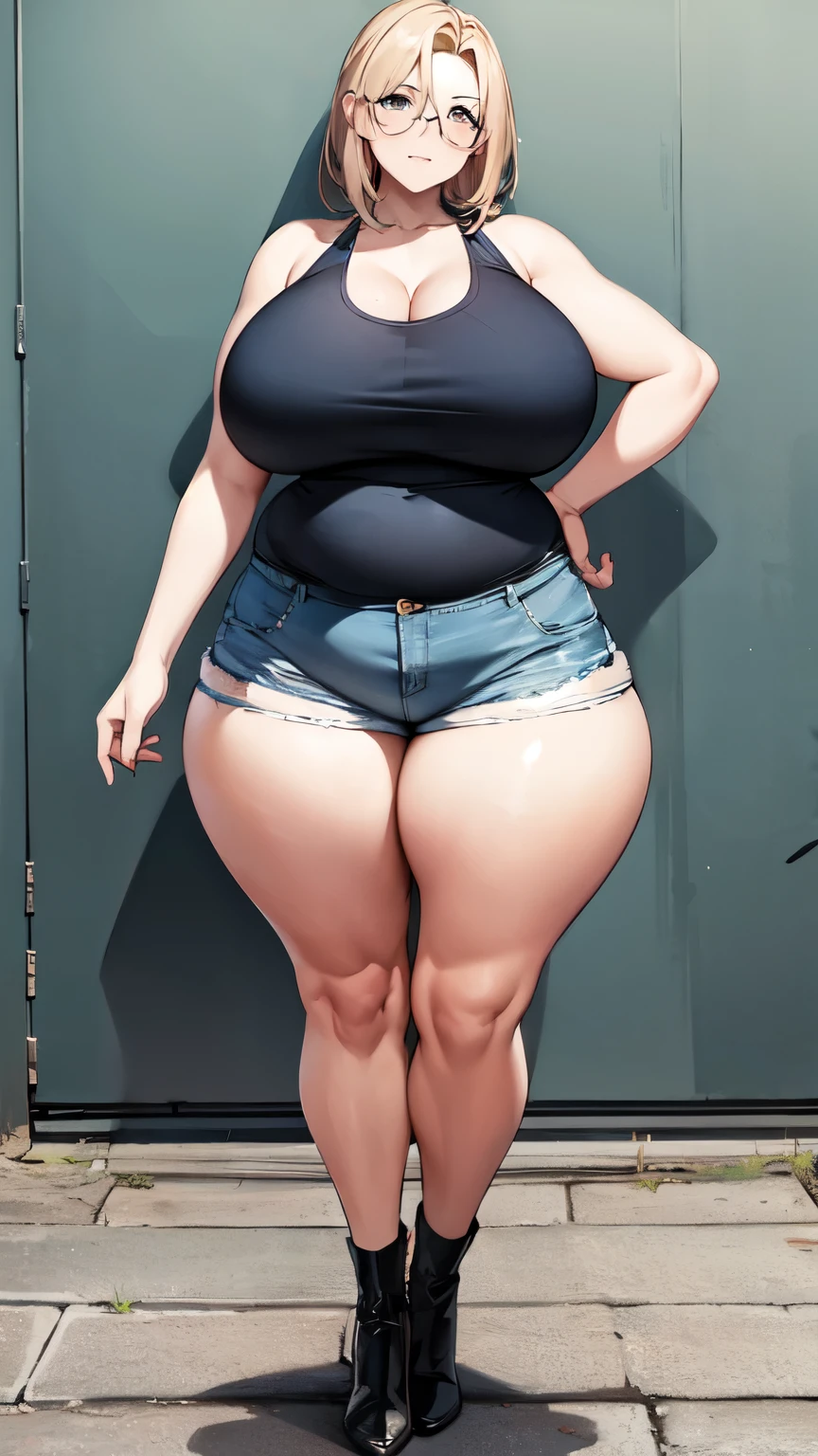 huge breasts, big hips, Tank top, denim shorts, full body shot, Mature mother, Whipping the lower body, plump thighs, calf, bewitching mature woman, perfect body, plus size model,