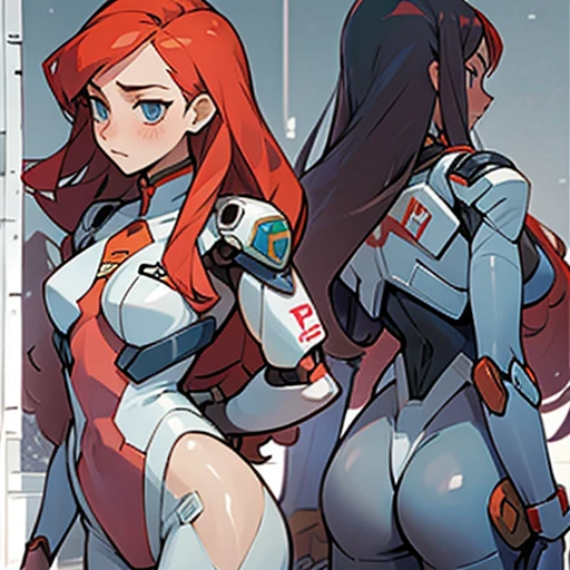 Erotic transparent suit design inspired by miorine rembrant (gundam) With long hair , in various views (front and back)  ((Character sheet)) (((covering privates pose )))