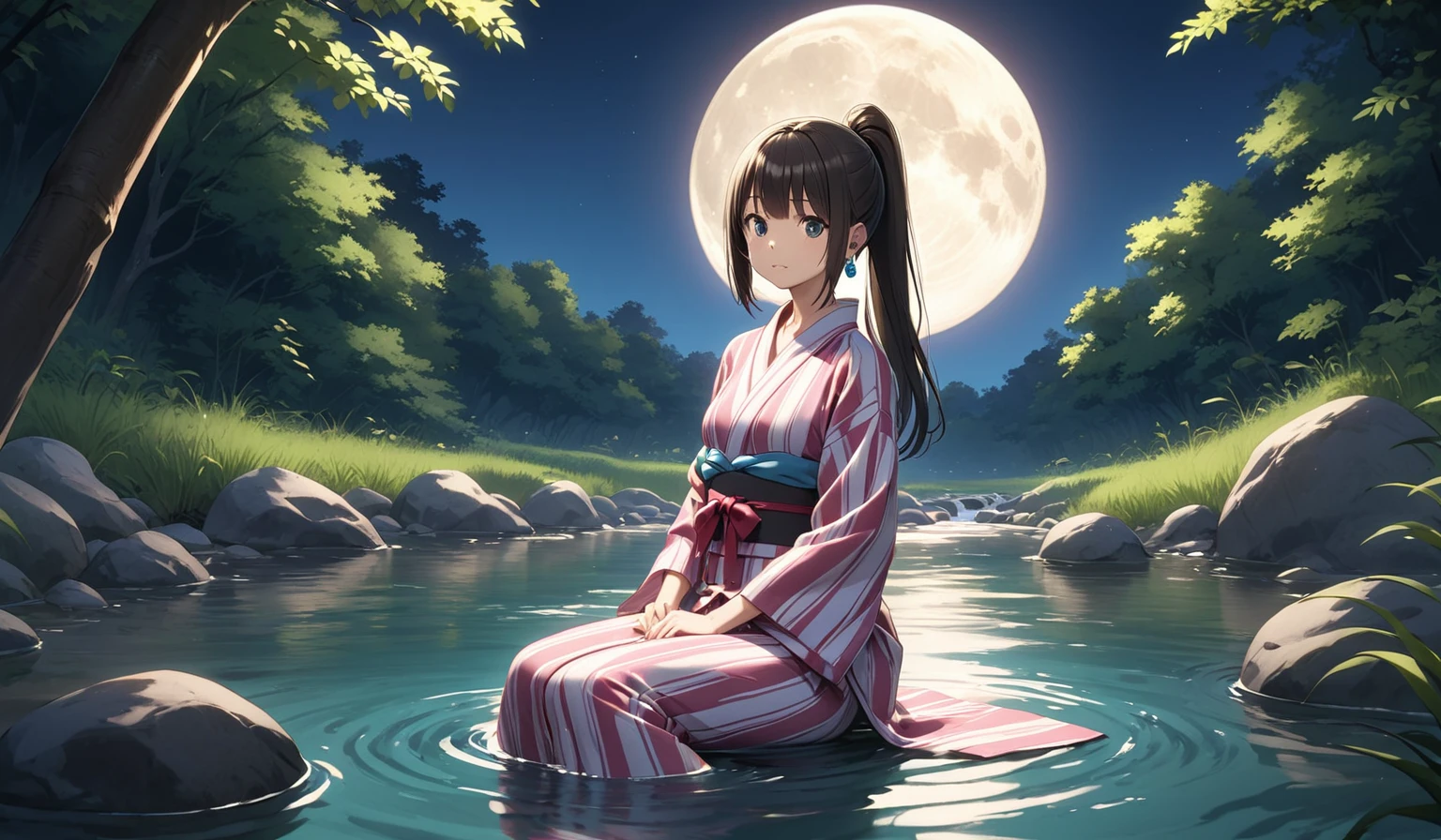 solo、Shibuya Rin in a yukata、(((1 person)))、ponytail、Earrings、Sitting in the creek、moon