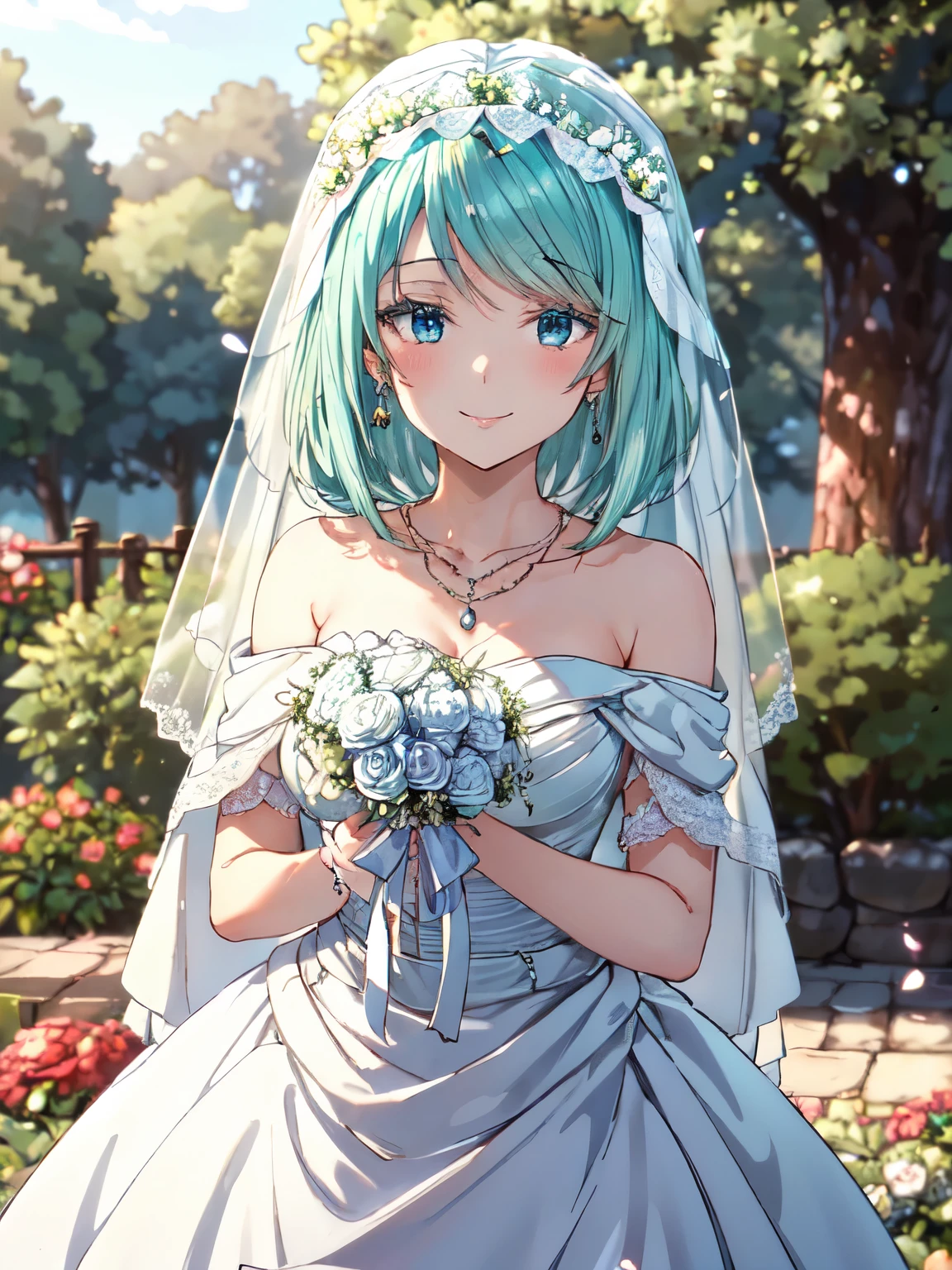 Highest quality、High resolution、whole body、One Girl、mjurran 、 Green Hair、Shortcuts、Beautiful and attractive blue eyes、Highly detailed face、smile、Closed Mouth、smile,garden、Absolute reference to the center、Wedding dress,(Bridal Veil:1.5),(transparent short veil：1.5),In his hands he holds a bouquet of flowers、smile,Pure white dress，necklace，Earrings，Cute breasts，bangs，（Lace gloves：1.3）,High definition RAW color art,long white dress、Cowboy Shot、Beautiful thighs、