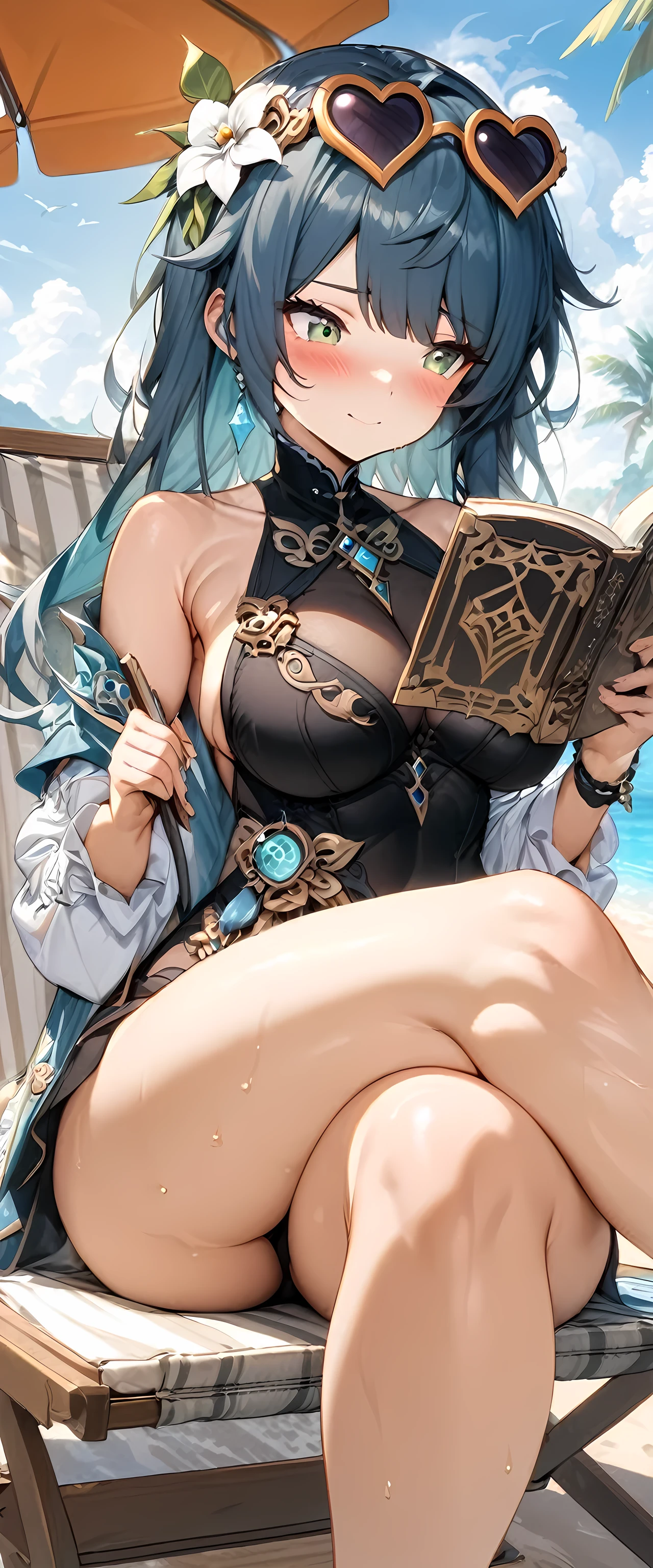 (masterpiece), best quality, expressive eyes, perfect face,1girl,xingqiu,genshin impact,summer clothes,long hair,shy smile,big breasts,sexy black one-piece swimsuit,poolside,beach chair,sitting,hair flower,heart sunglasses on head,book,holding book,reading,looking at book,blush,beach resort,legs crossed